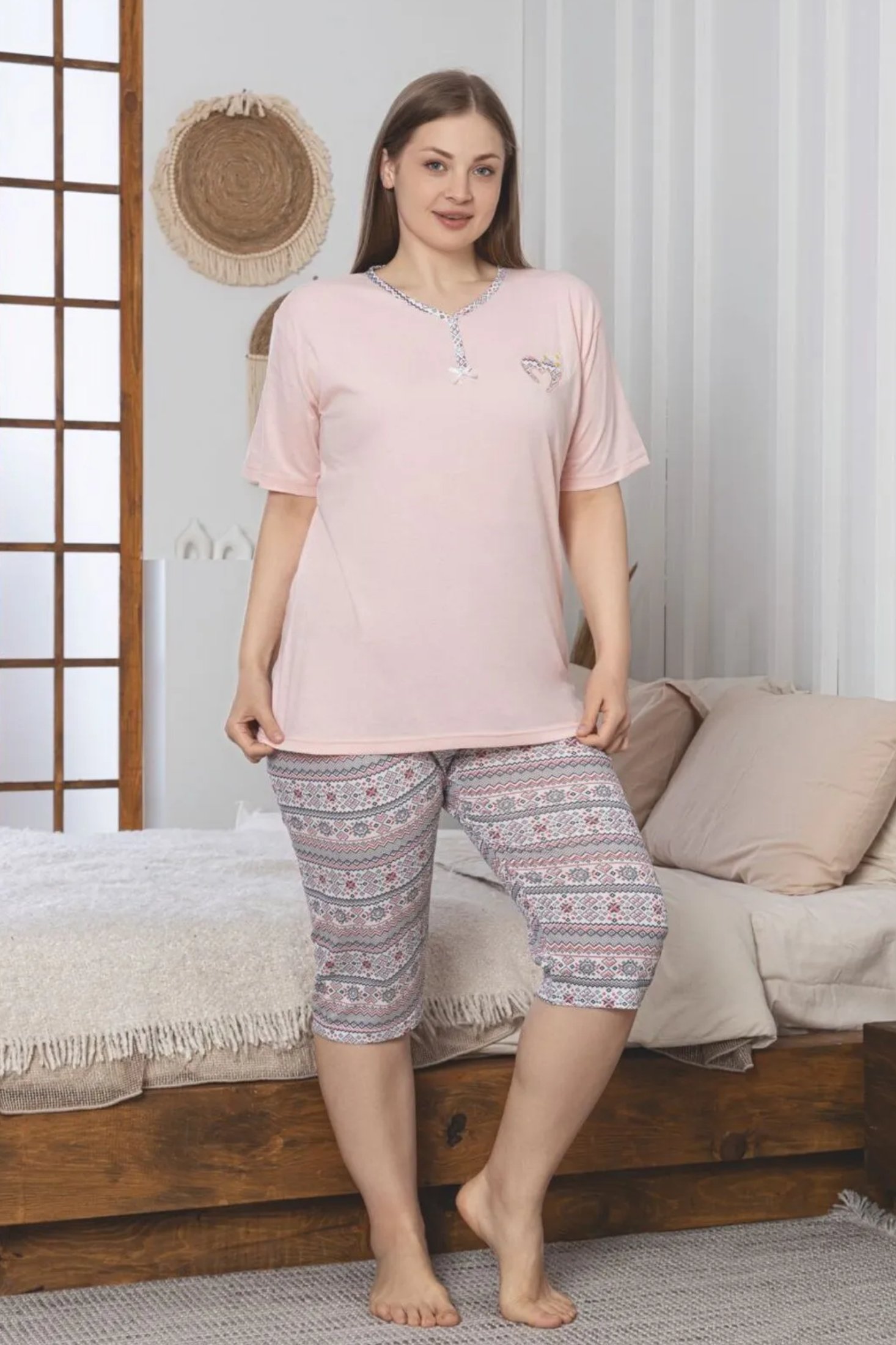 X-Dreamy Büyük Beden Pamuklu Desenli Düğmeli Yaka Kapri Pijama Takımı - Somon