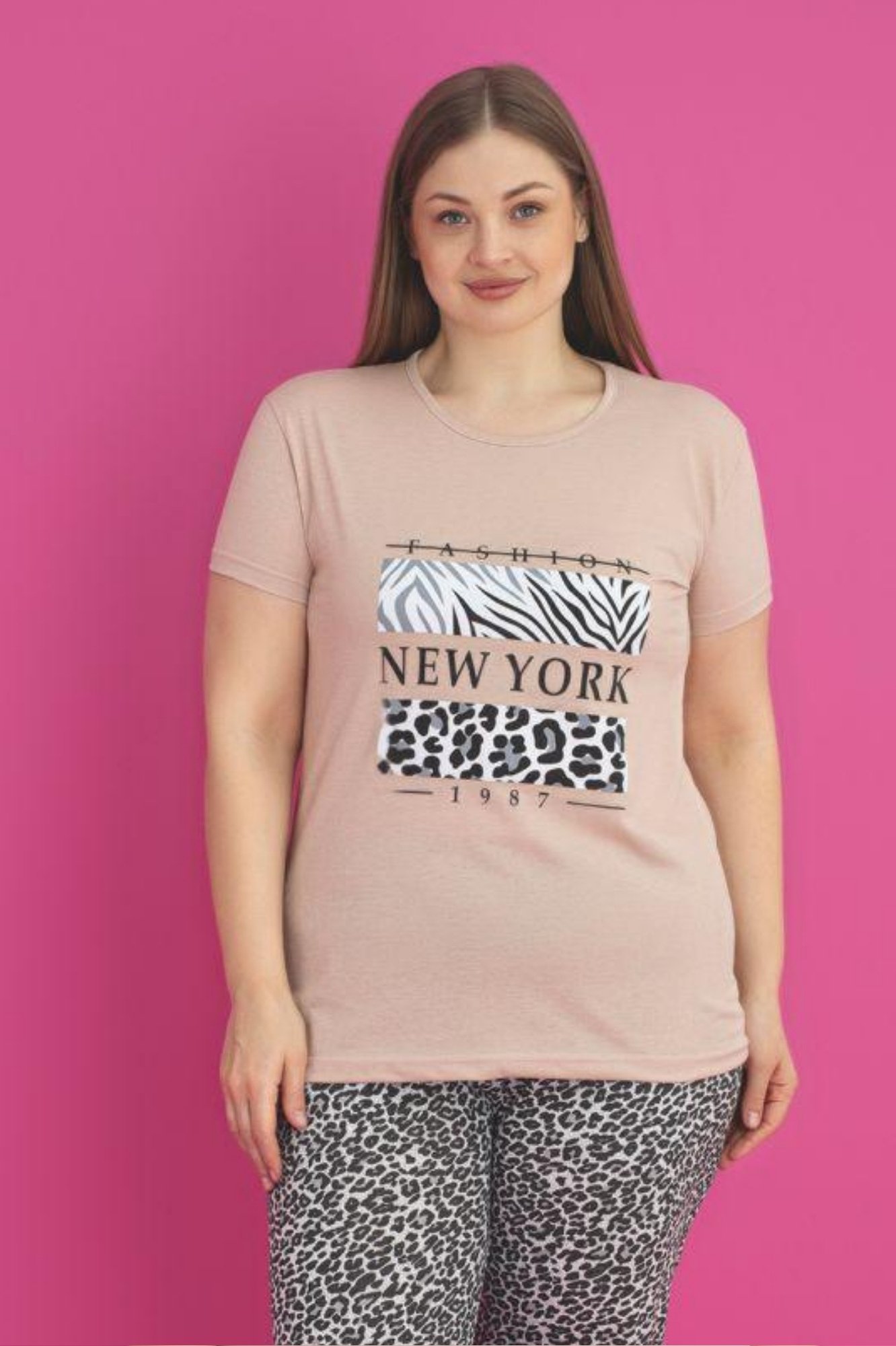 X-Dreamy Büyük Beden Pamuklu Leopar Desenli Kısa Kollu Pijama Takımı - Kahverengi
