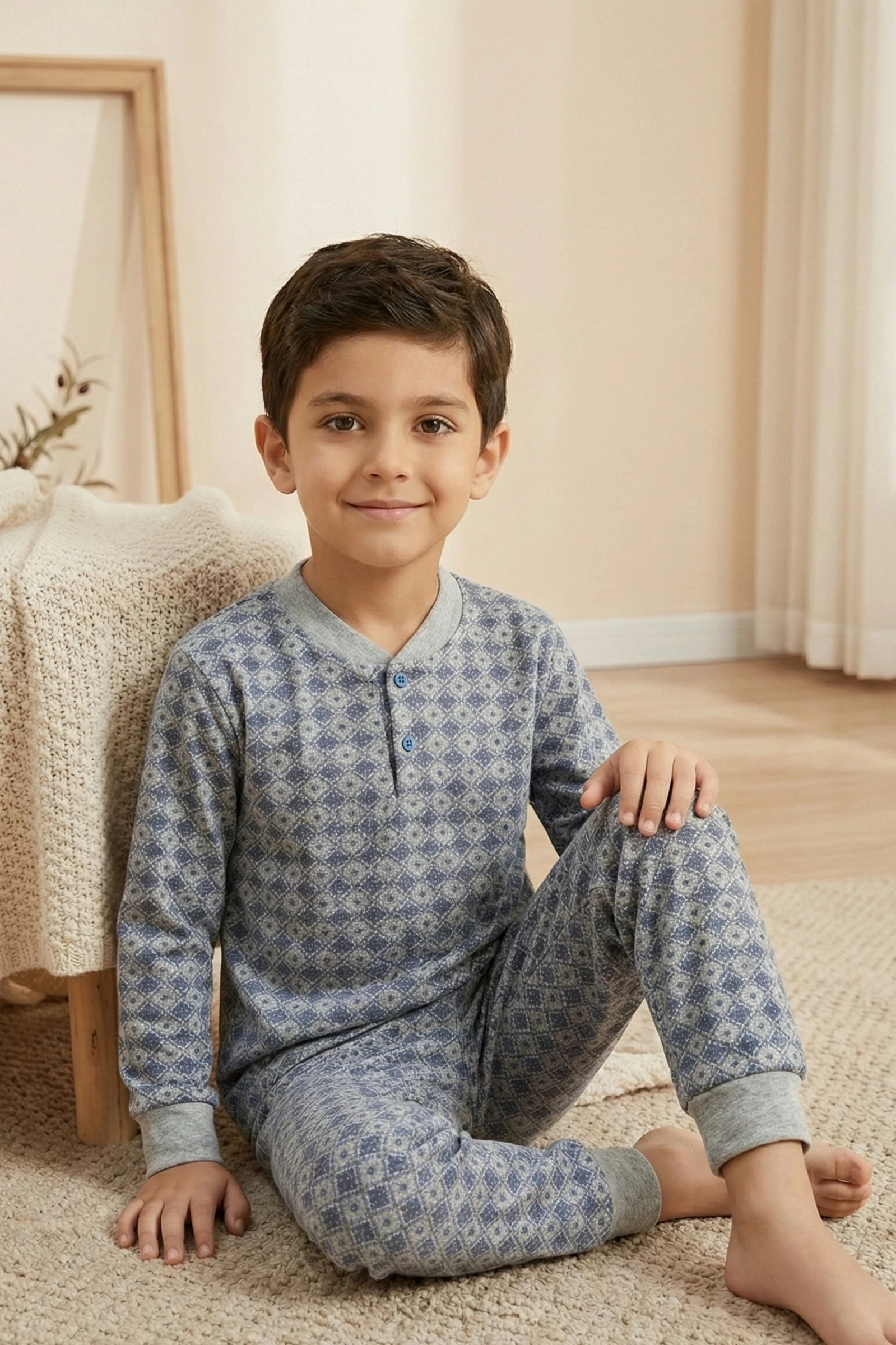 Pamuklu 2 iplik Şardonlu Manşetli Düğmeli Yaka Erkek Çocuk Pijama Takımı - Gri