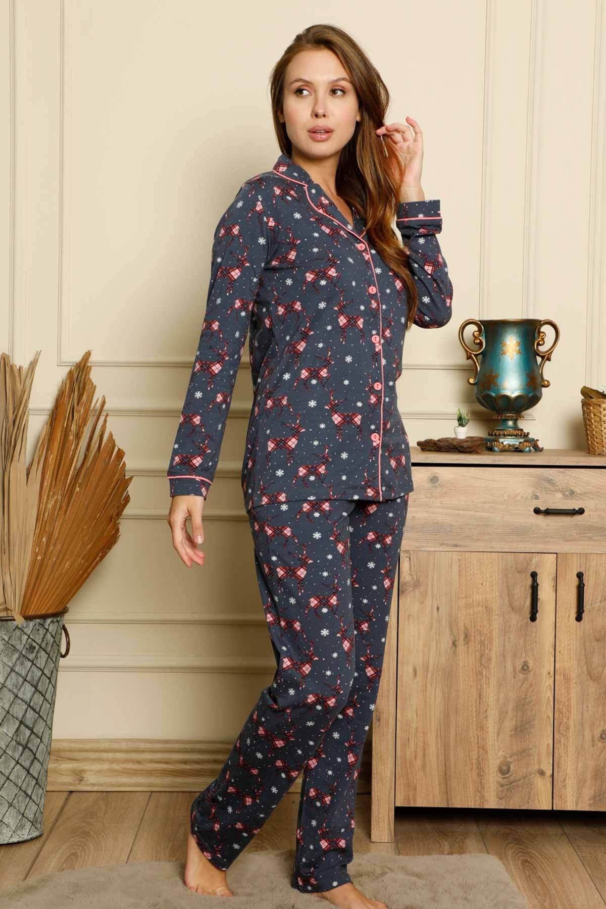 Dreamy Pamuklu Likralı Yılbaşı Geyik Desenli Gömlek Pijama Takımı