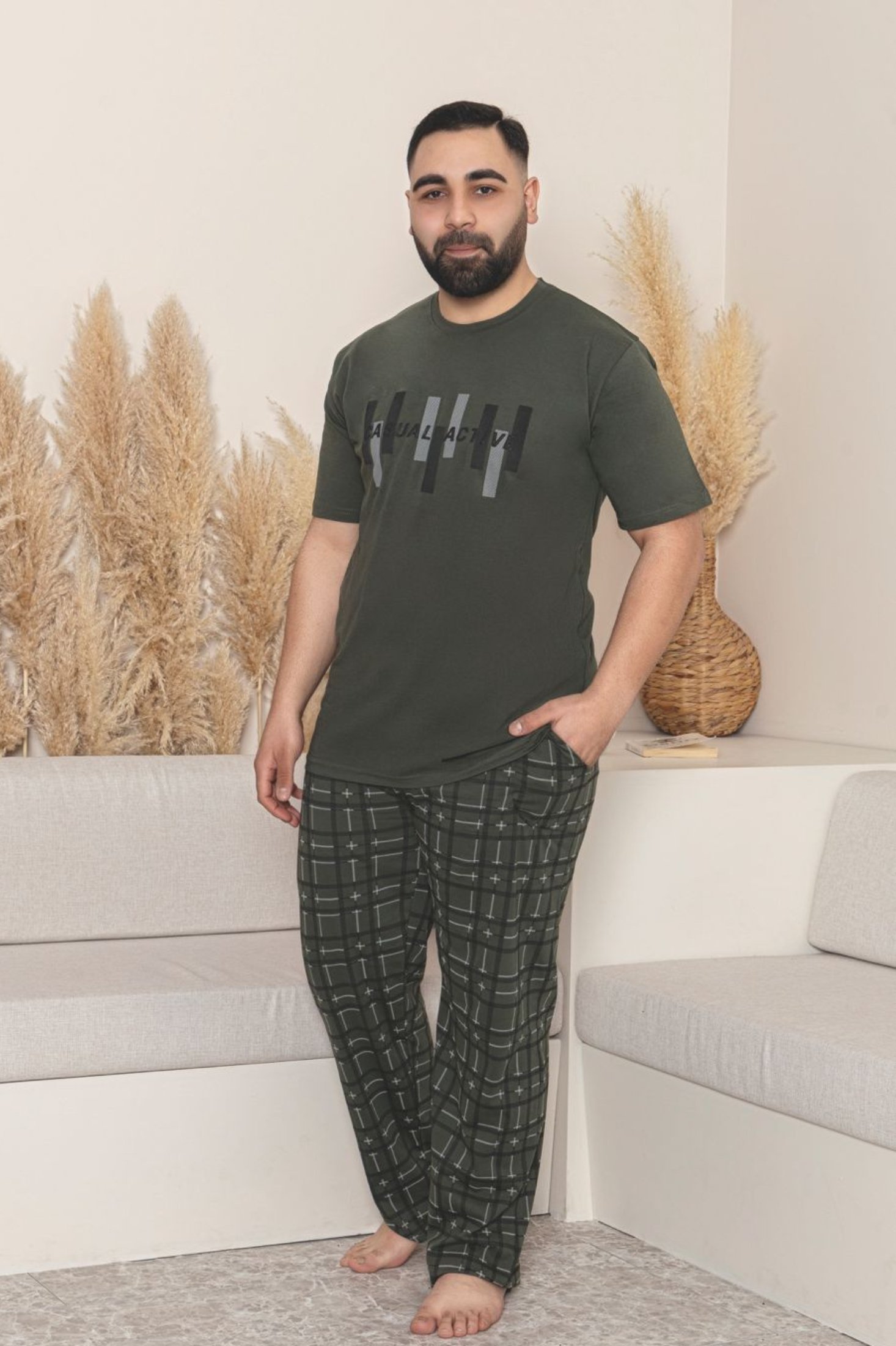 Büyük Beden Pamuklu Cepli Kısa Kollu Erkek Pijama Takımı - Yeşil