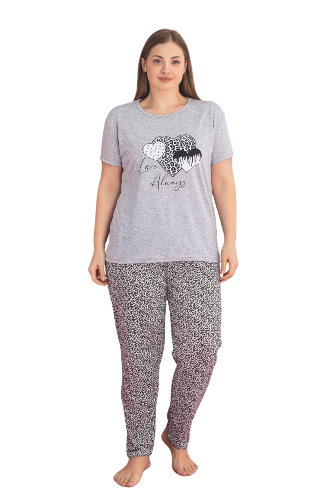 X-Dreamy Büyük Beden Pamuklu Leopar Desenli Kısa Kollu Pijama Takımı - Gri