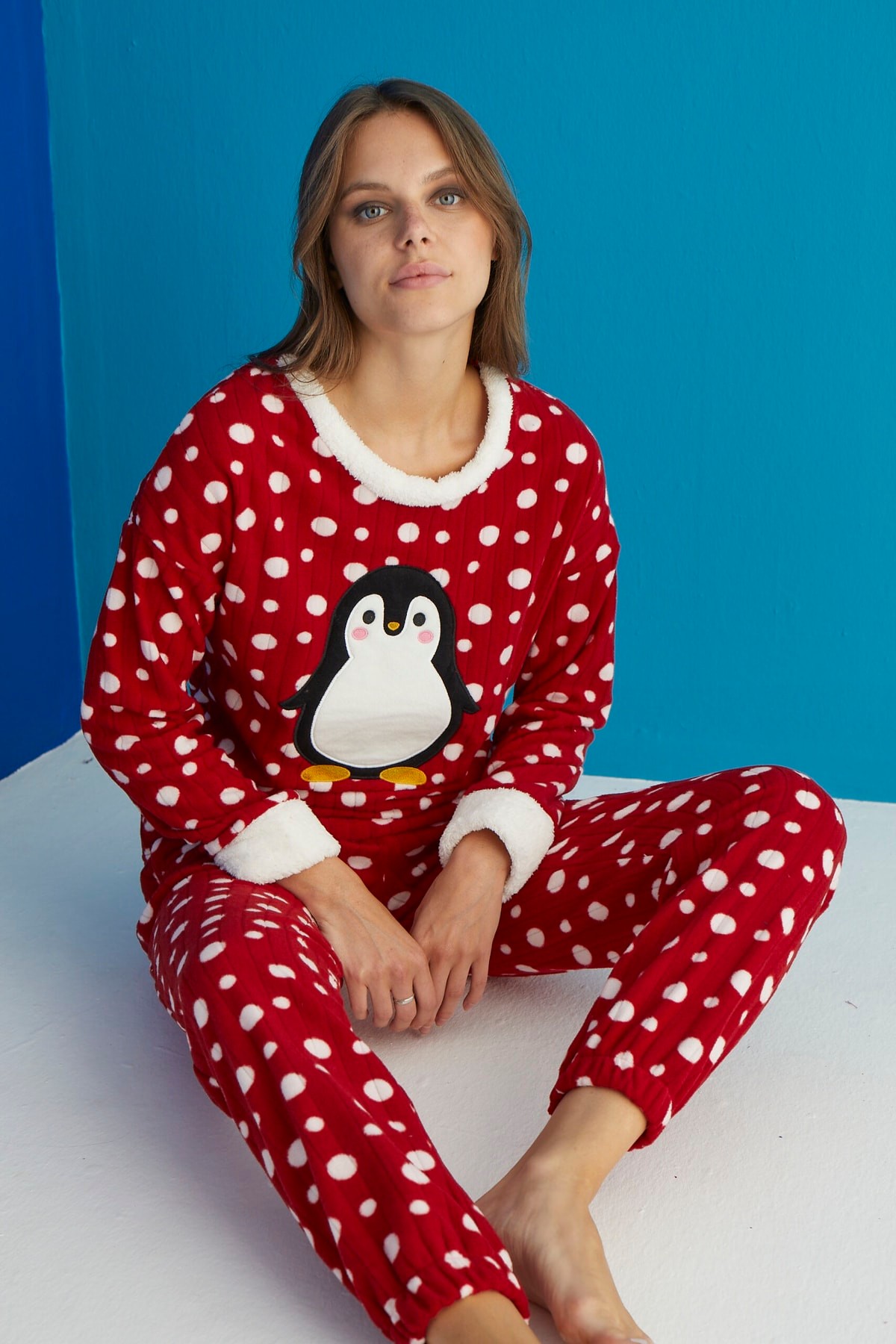 Luxury Soft Penguen Desenli Puantiyeli Fitilli Polar Pijama Takımı