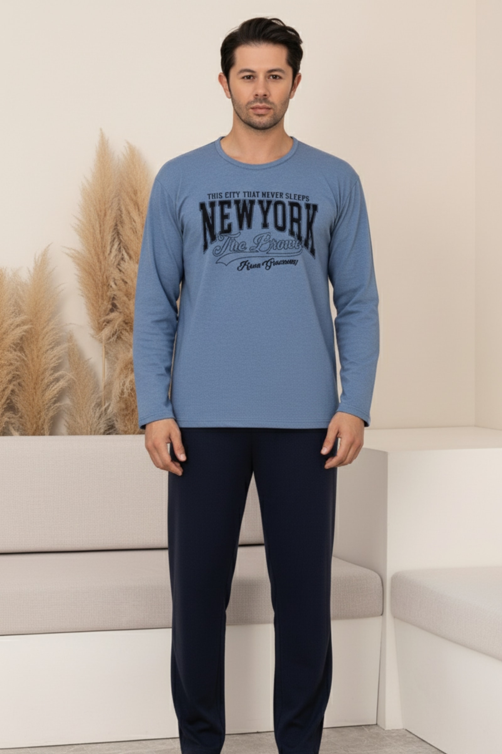 Pamuklu Kalın Kışlık 2 iplik Şardonlu Örme Erkek Pijama Takımı - Mavi