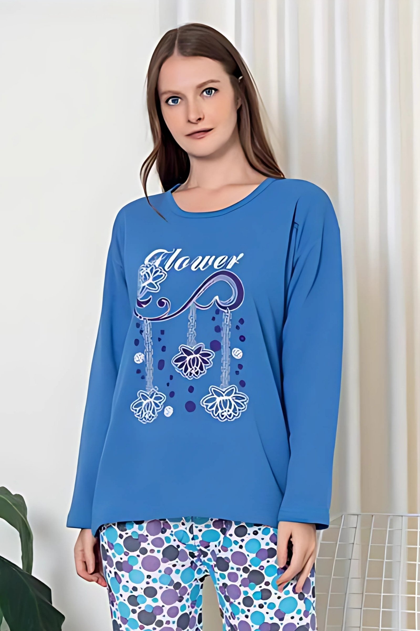 Dreamy Pamuklu Desenli 2 İplik Uzun Kollu Pijama Takımı - Mavi
