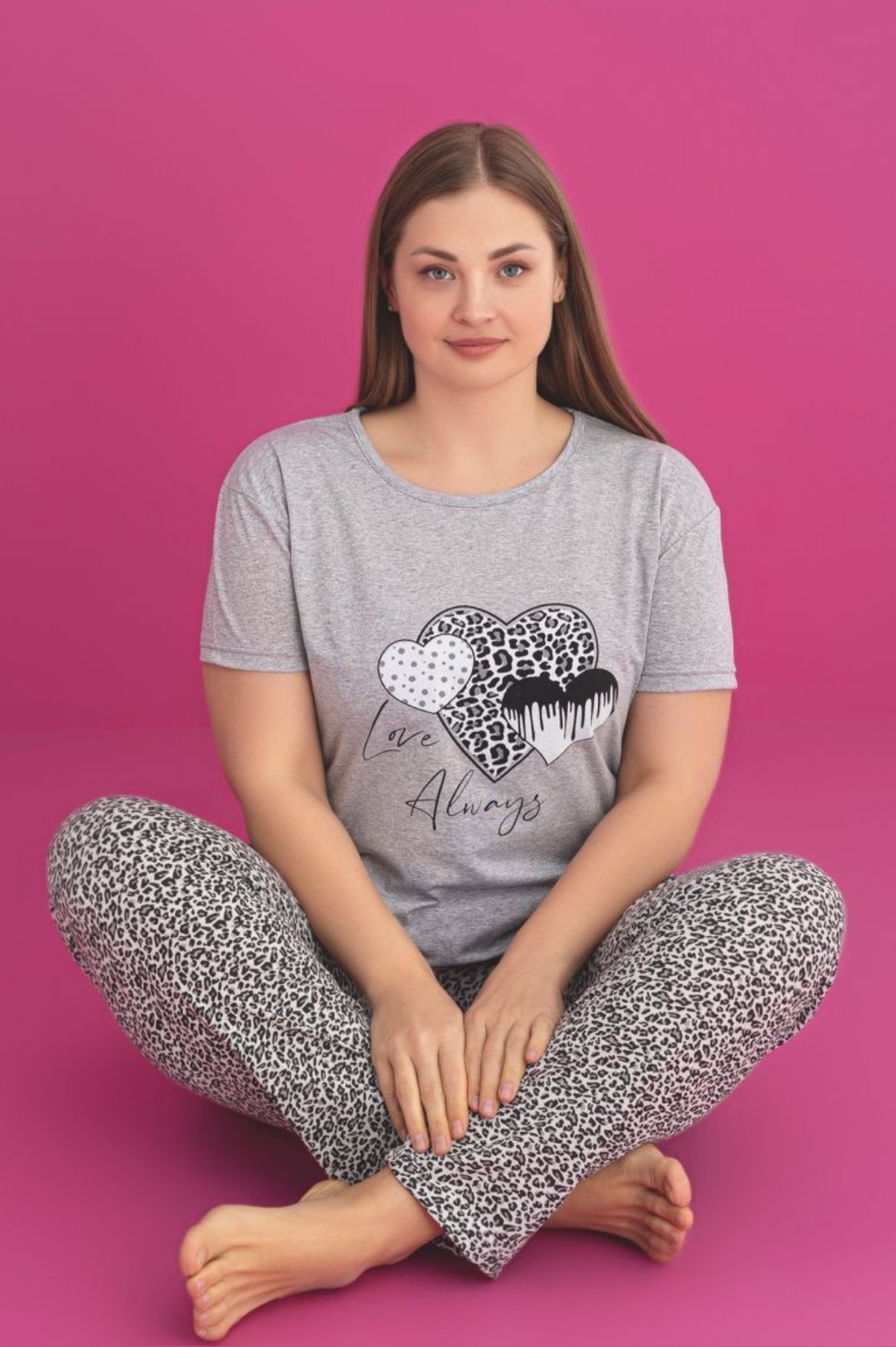X-Dreamy Büyük Beden Pamuklu Leopar Desenli Kısa Kollu Pijama Takımı - Gri