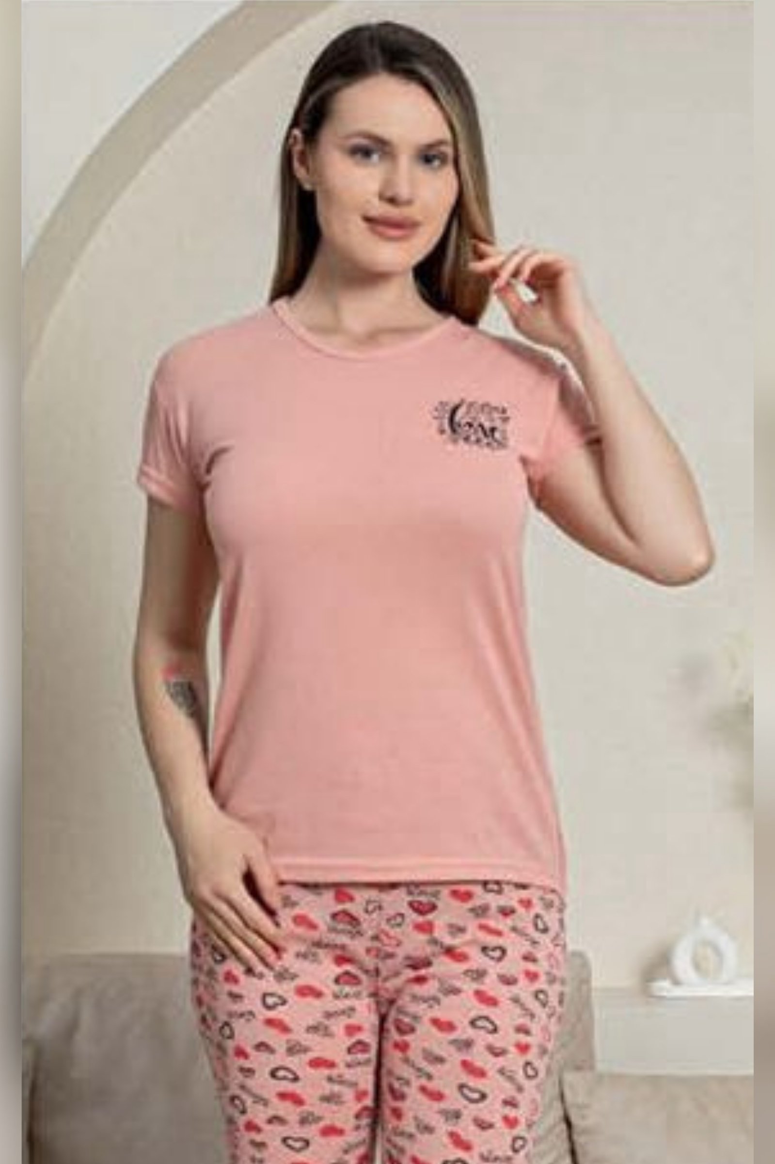 Ecodream Kısa Kollu Desenli Ekonomik Kadın Pijama Takımı - Somon