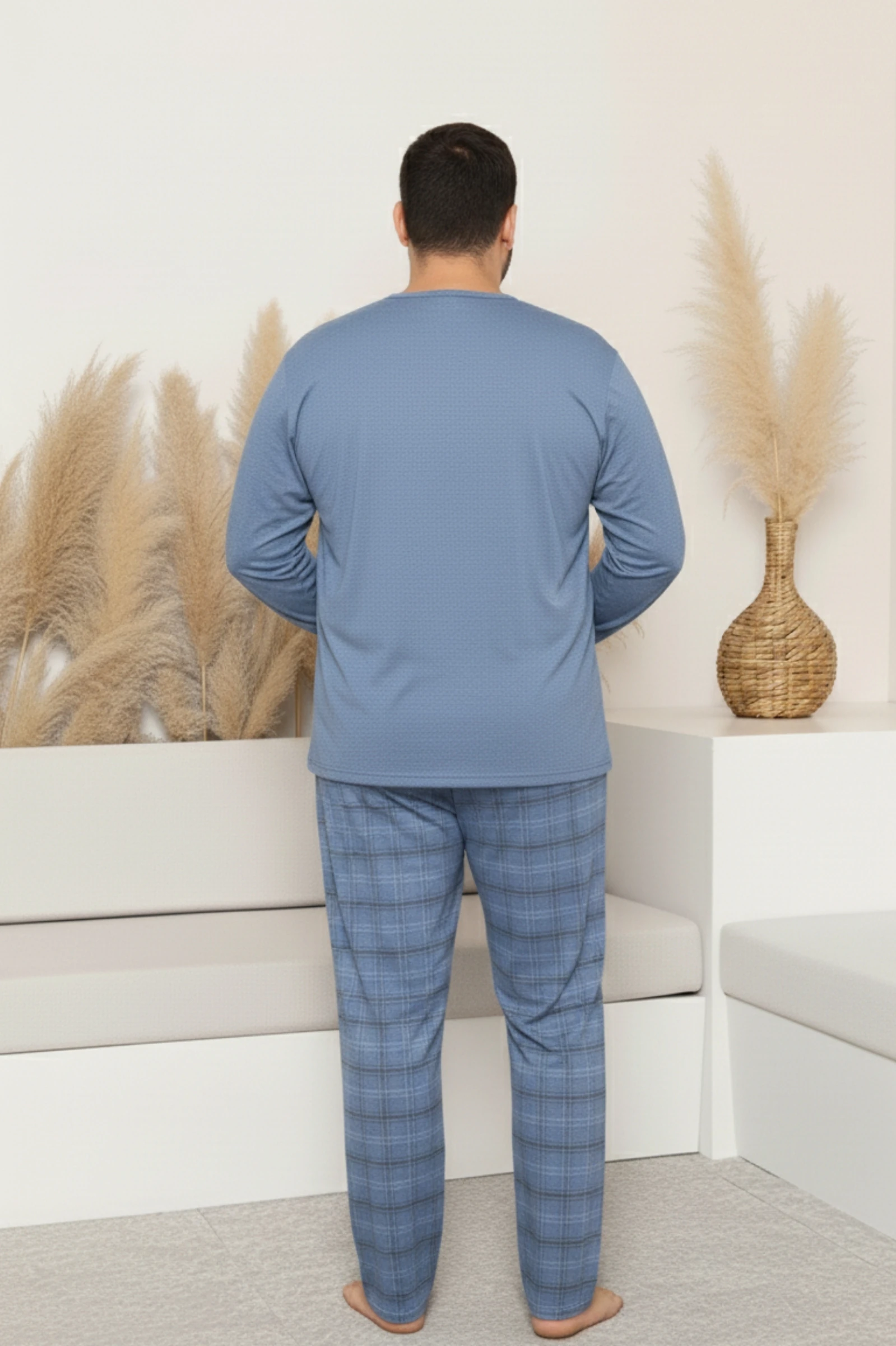 Büyük Beden Pamuklu Uzun Kollu Ekose Kareli Erkek Pijama Takımı - Mavi