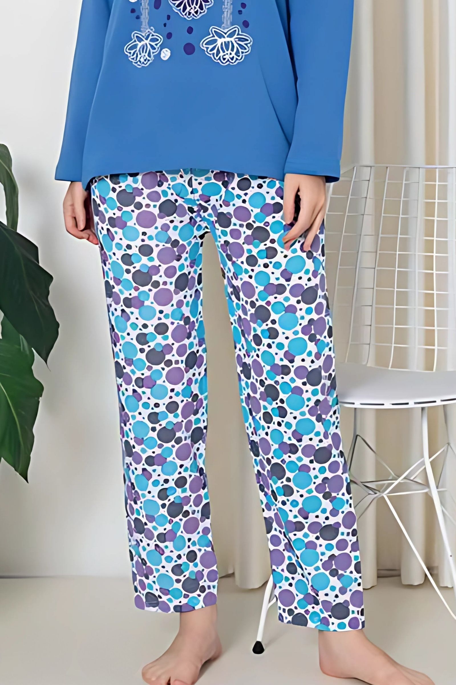 Dreamy Pamuklu Desenli 2 İplik Uzun Kollu Pijama Takımı - Mavi