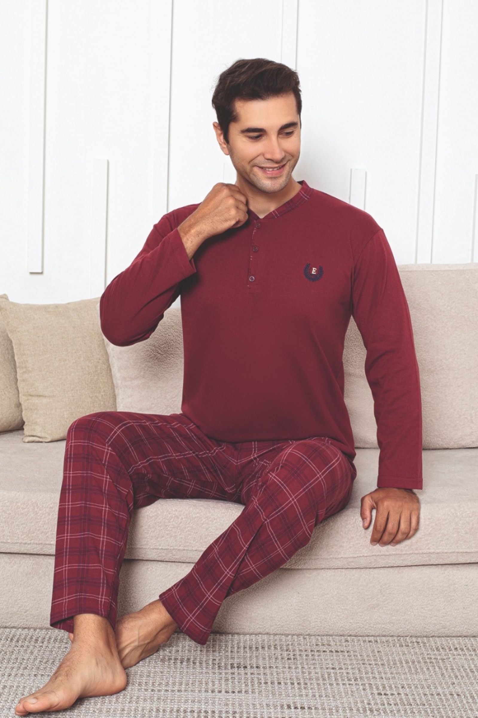 Dreamy Pamuklu Ekose Kareli Uzun Kollu Düğmeli Yaka Erkek Pijama Takımı - Bordo