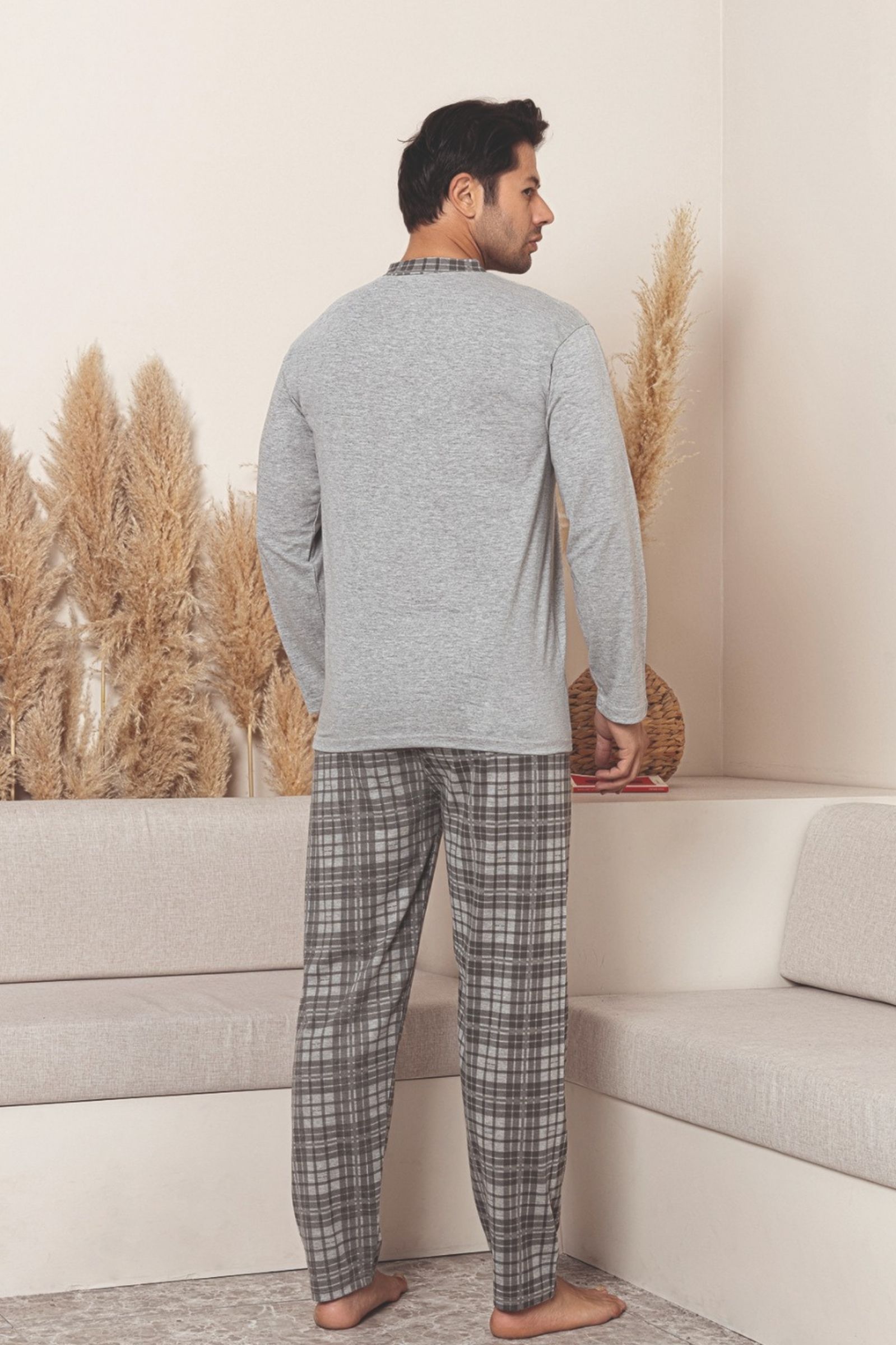 Dreamy Pamuklu Ekose Kareli Uzun Kollu Düğmeli Yaka Erkek Pijama Takımı