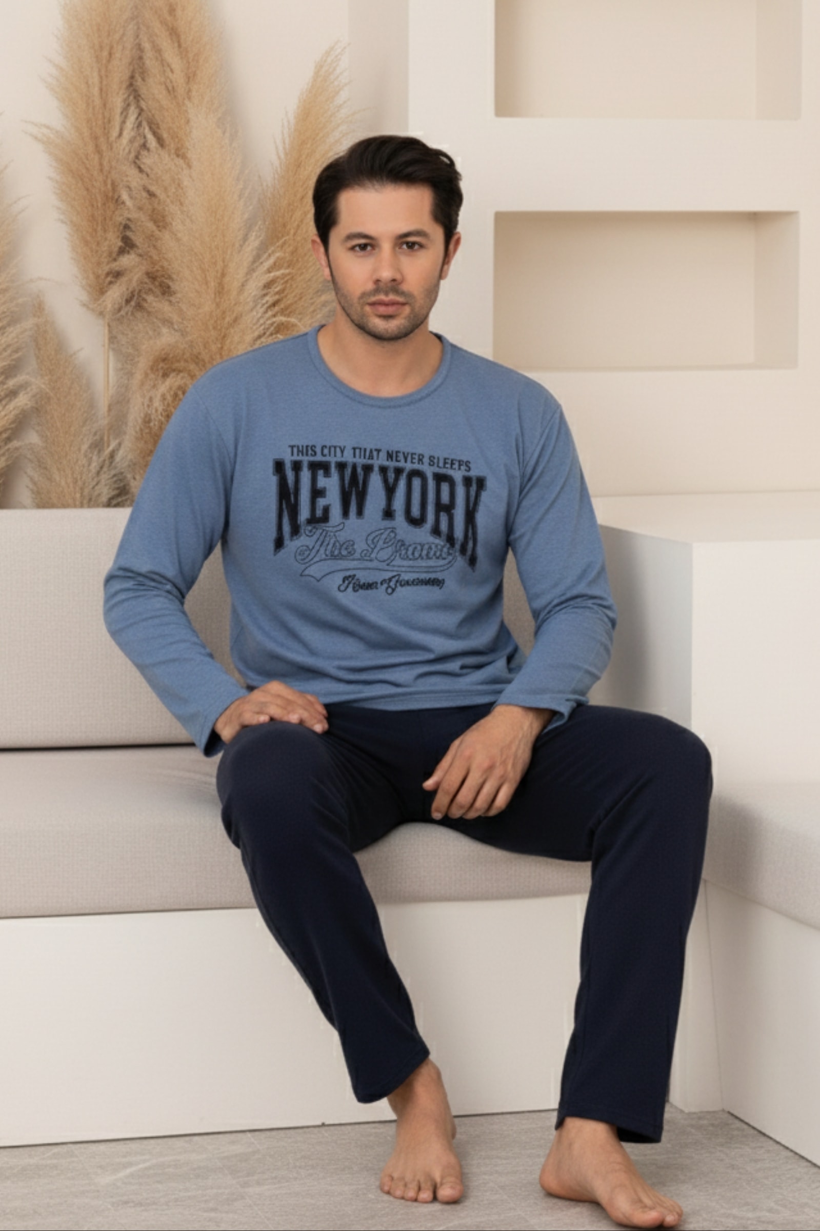 Pamuklu Kalın Kışlık 2 iplik Şardonlu Örme Erkek Pijama Takımı - Mavi