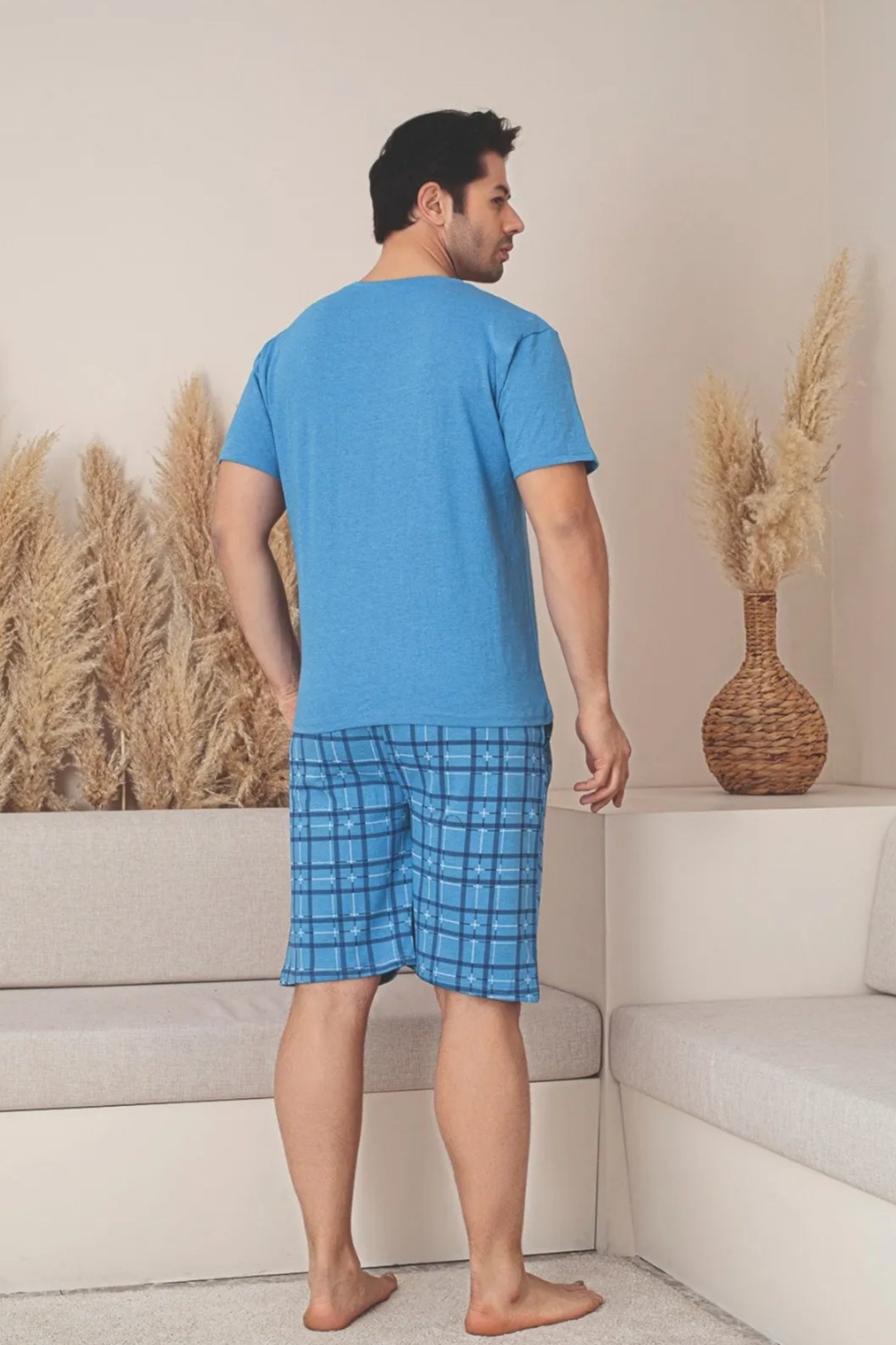 Dreamy Pamuklu Cepli Desenli Kısa Kollu Şortlu Erkek Pijama Takımı - Mavi