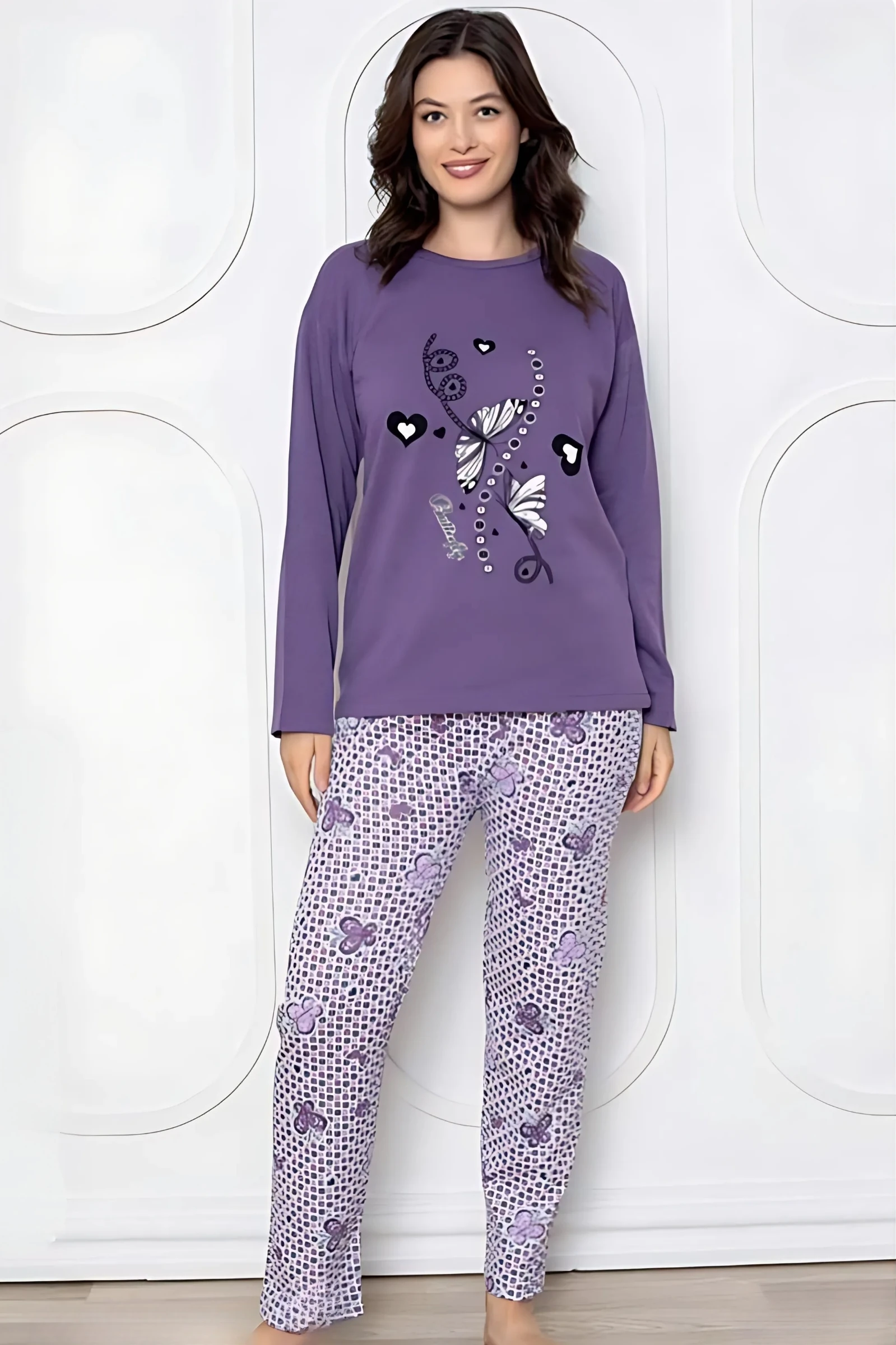 Dreamy Pamuklu Desenli 2 İplik Uzun Kollu Pijama Takımı - Mor