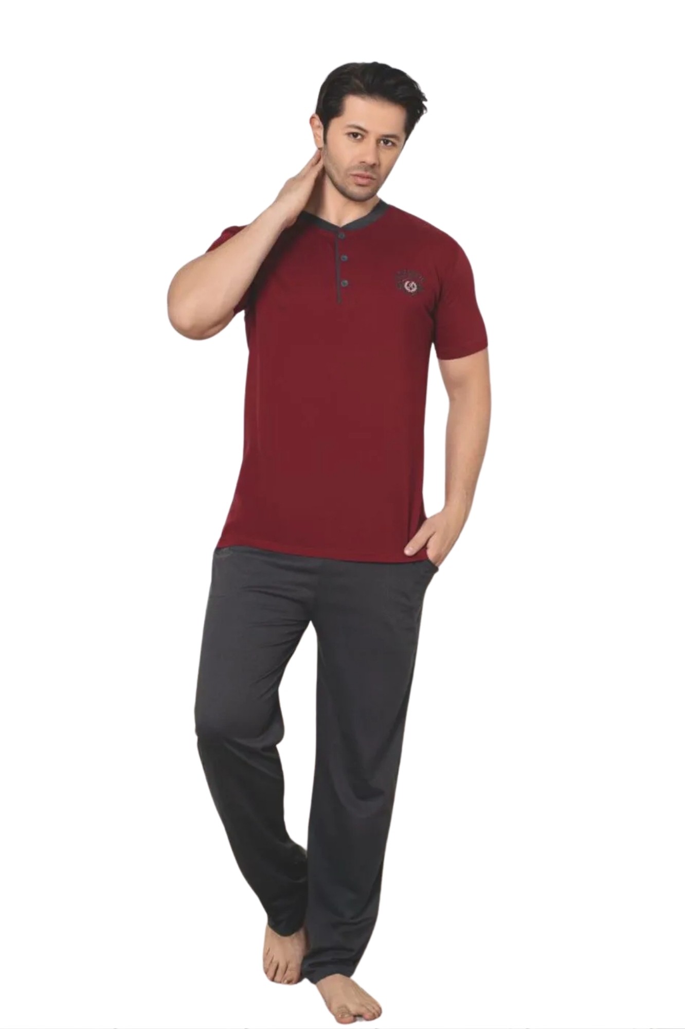 Dreamy Pamuklu Cepli Kısa Kollu Örme Erkek Pijama Takımı - Bordo