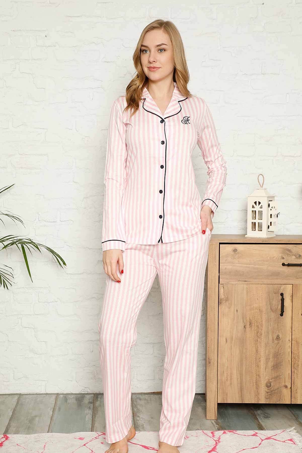 Dreamy Secret Pamuklu Likralı Biyeli Kısa Kollu Gömlek Pijama Takımı Pembe - Pembe Beyaz