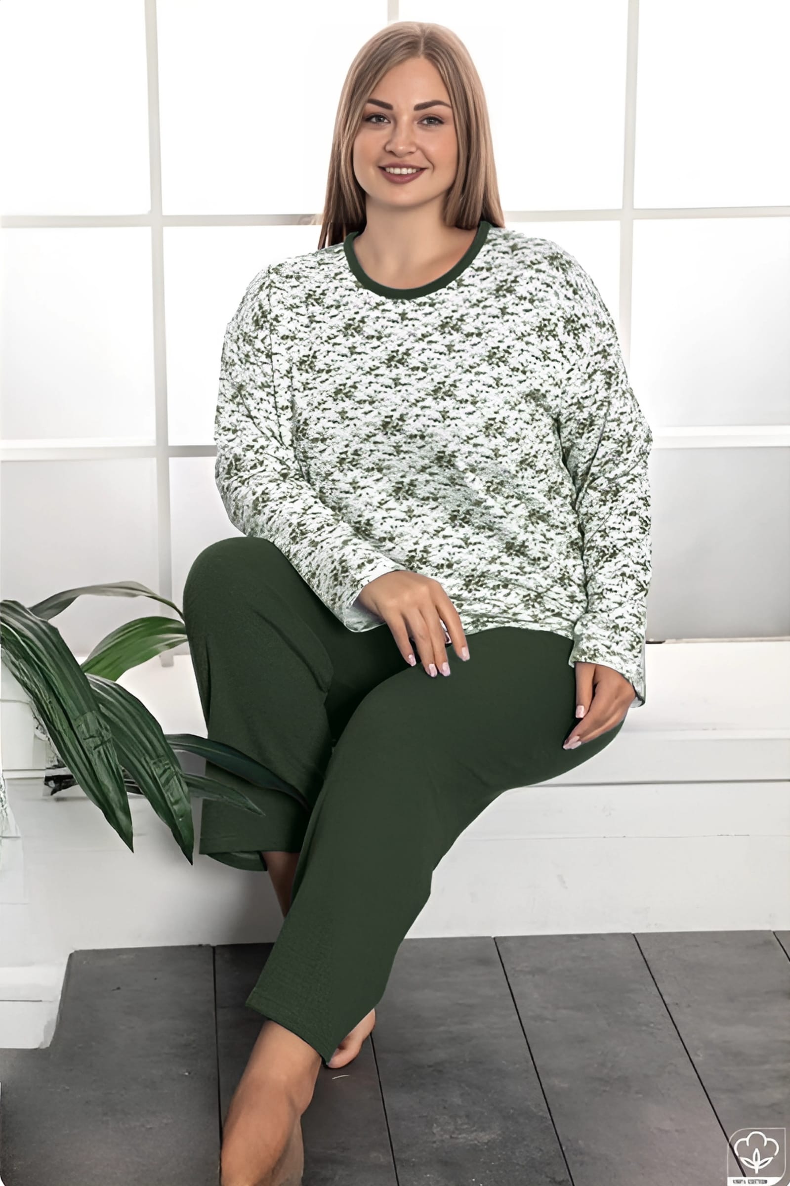 Büyük Beden Pamuklu 2 İplik Şardonlu Kışlık Uzun Kollu Pijama Takımı - Koyu Yeşil
