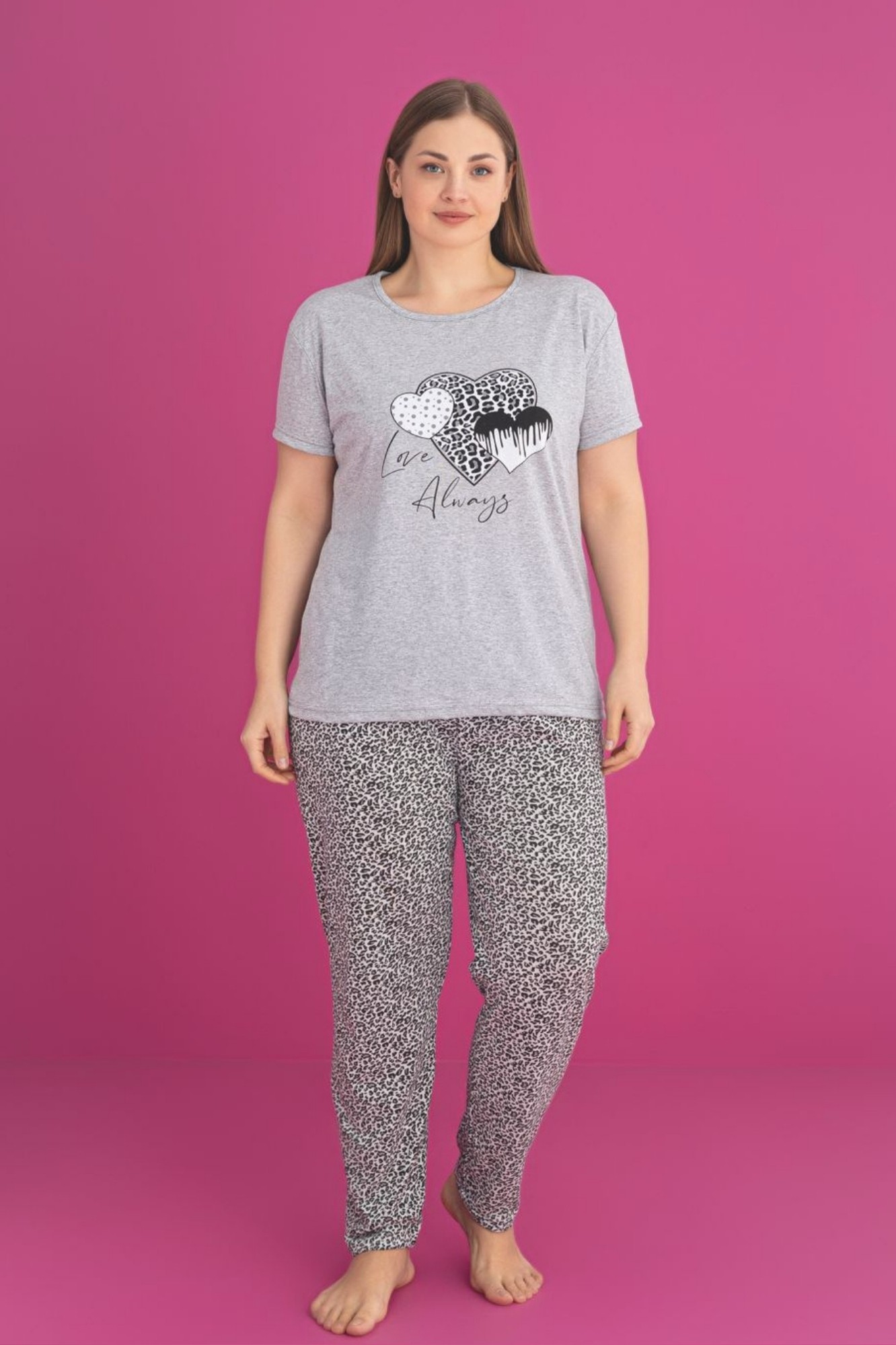X-Dreamy Büyük Beden Pamuklu Leopar Desenli Kısa Kollu Pijama Takımı - Gri