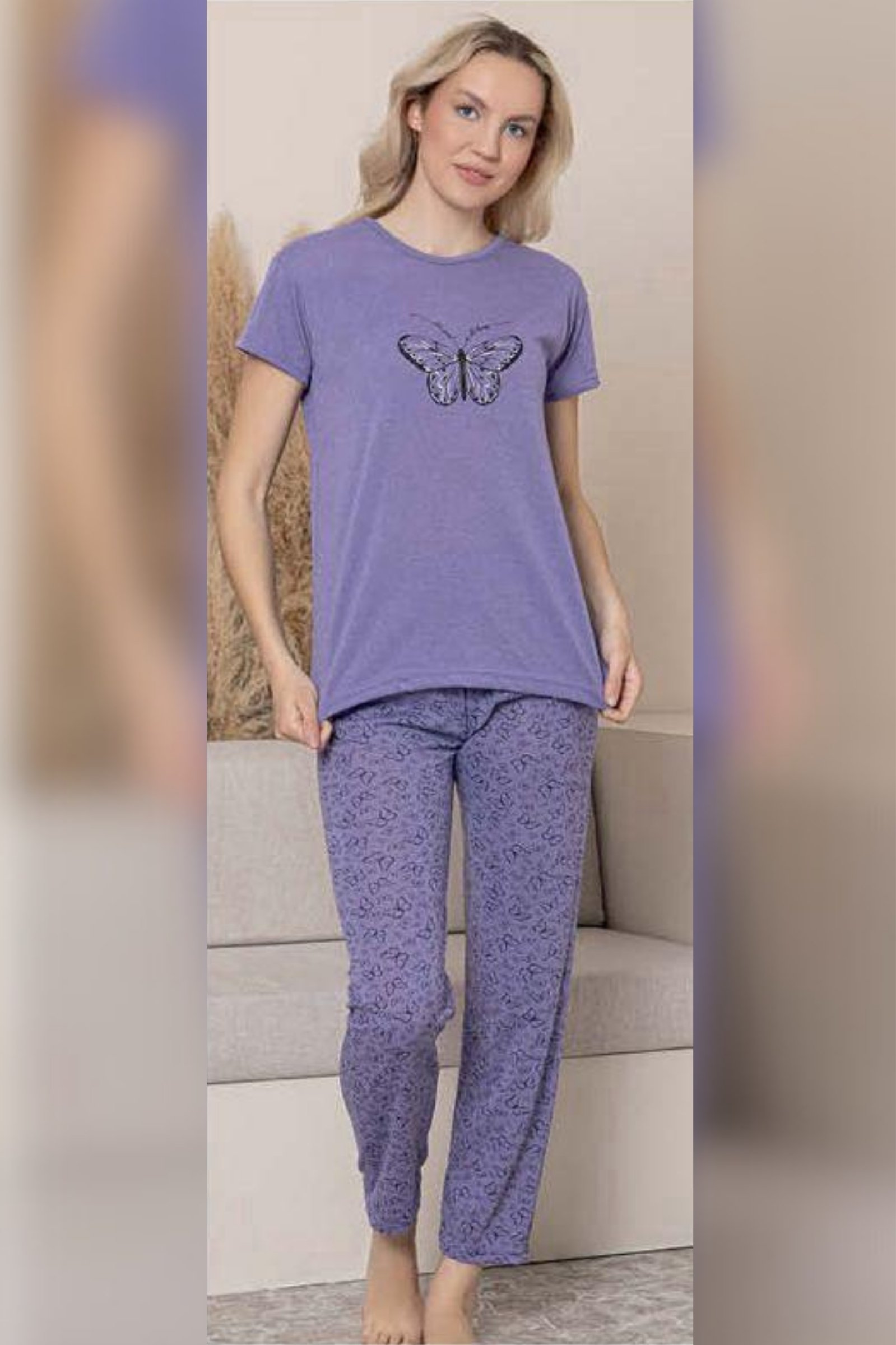 Ecodream Kısa Kollu Desenli Ekonomik Kadın Pijama Takımı - Mor