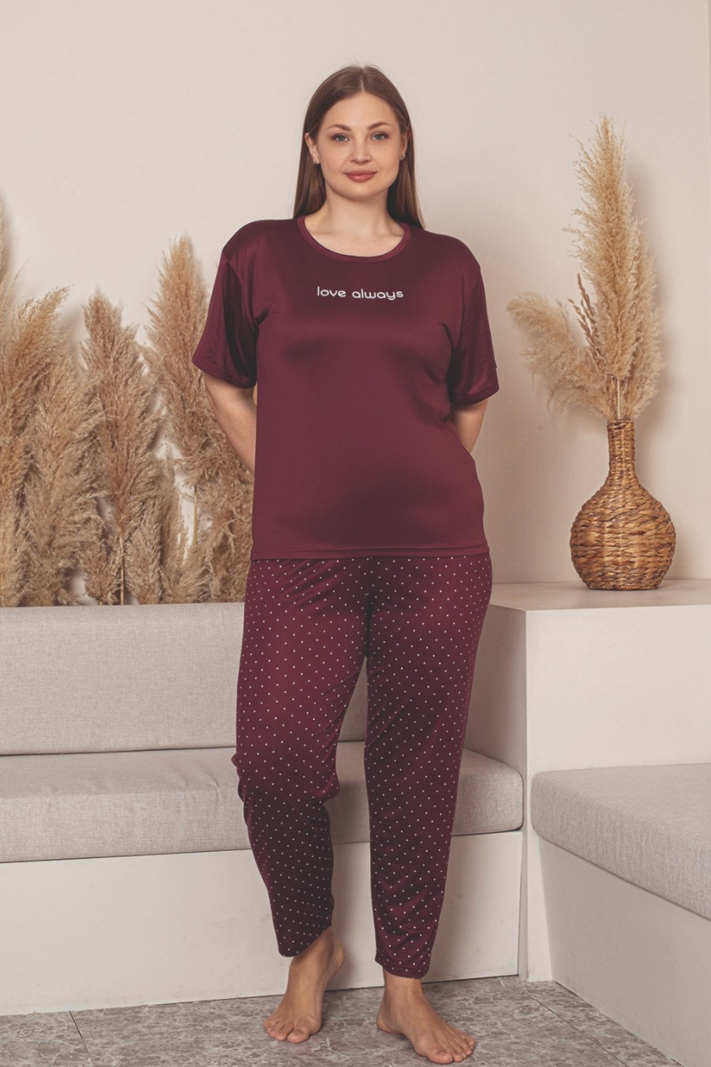 Büyük Beden Milan Bambu Kısa Kollu Likralı Penye Pijama Takımı - Bordo