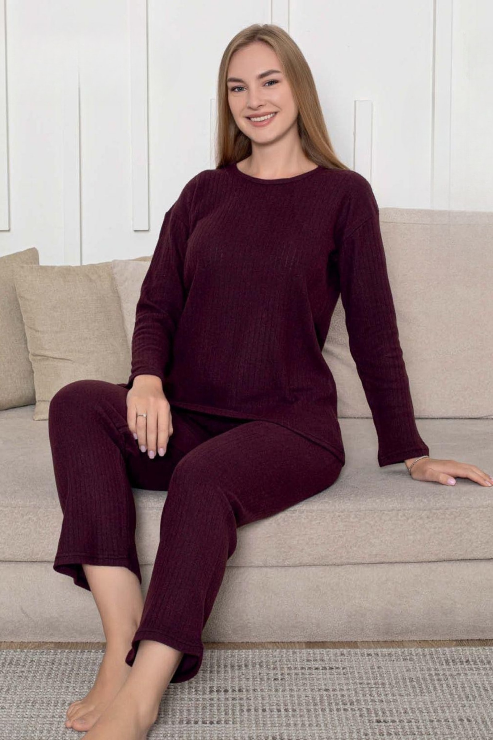 Pamuklu Kalın Kışlık İnterlok Şeritli Uzun Kollu Örme Pijama Takımı - Mürdüm