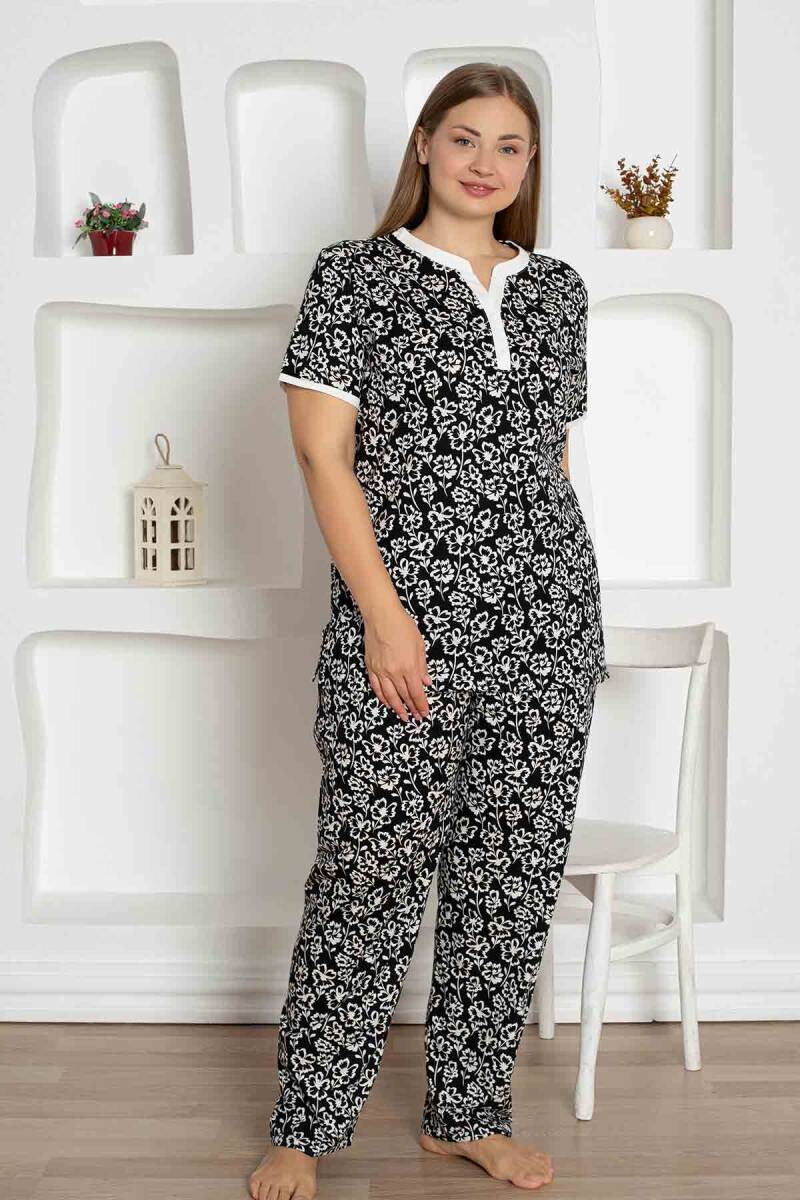 X-Dreamy Büyük Beden Likralı Pamuklu Çiçekli Kısa Kollu Pijama Takımı - Siyah