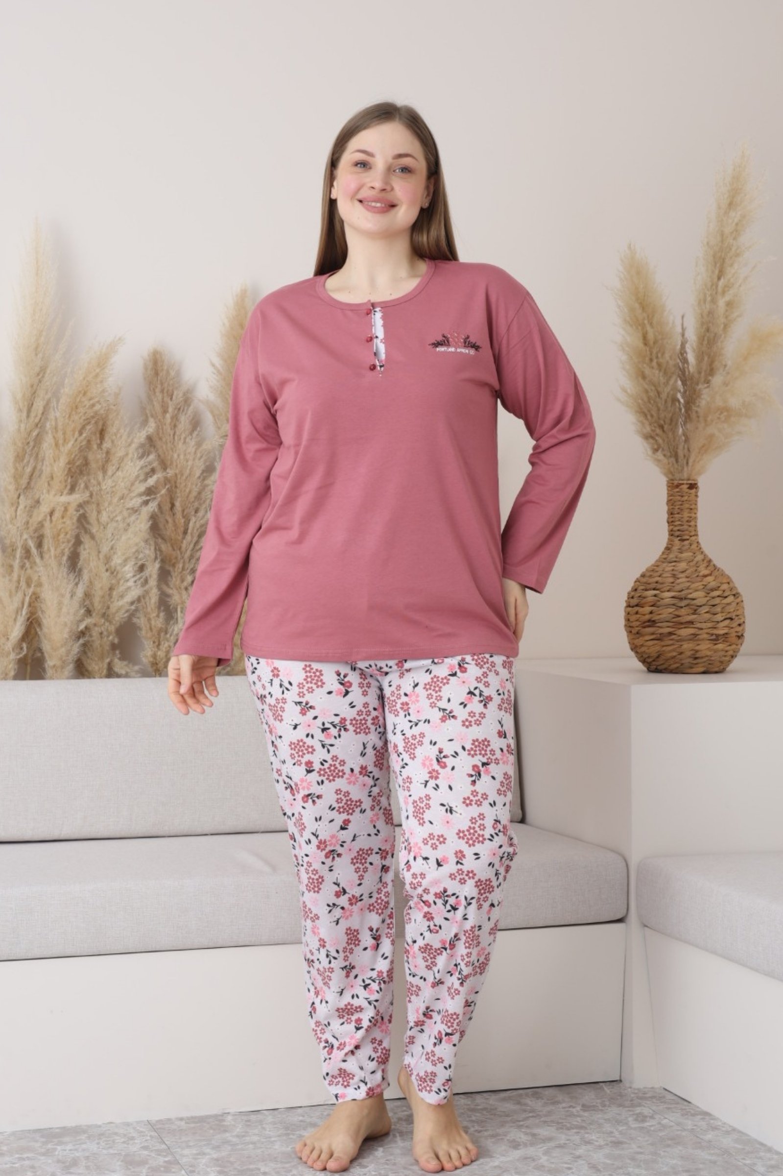 X-Dreamy Büyük Beden Pamuklu Düğmeli Yaka Uzun Kollu Penye Pijama Takımı - Yavruağzı