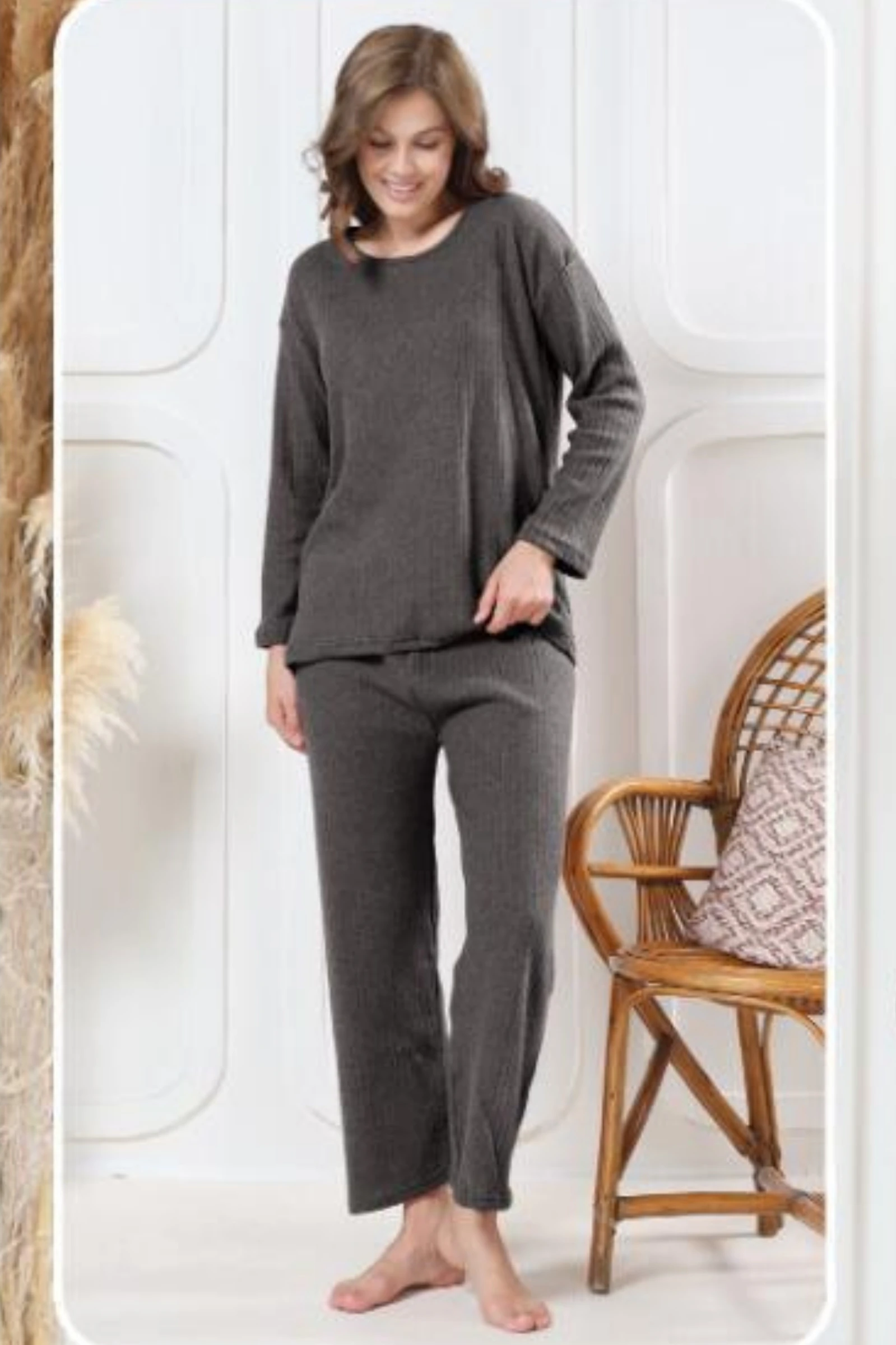 Pamuklu Kalın Kışlık İnterlok Şeritli Uzun Kollu Örme Pijama Takımı - Antrasit