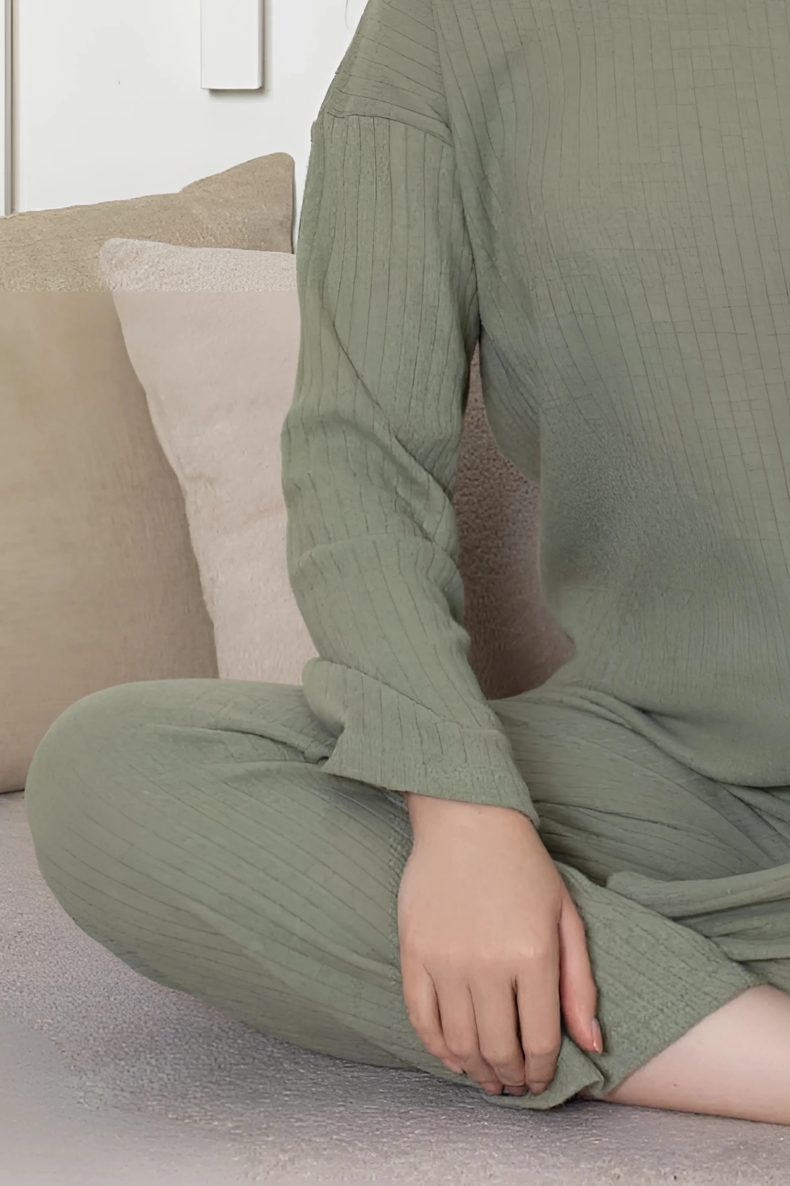 Pamuklu Kalın Kışlık İnterlok Şeritli Uzun Kollu Örme Pijama Takımı - Haki