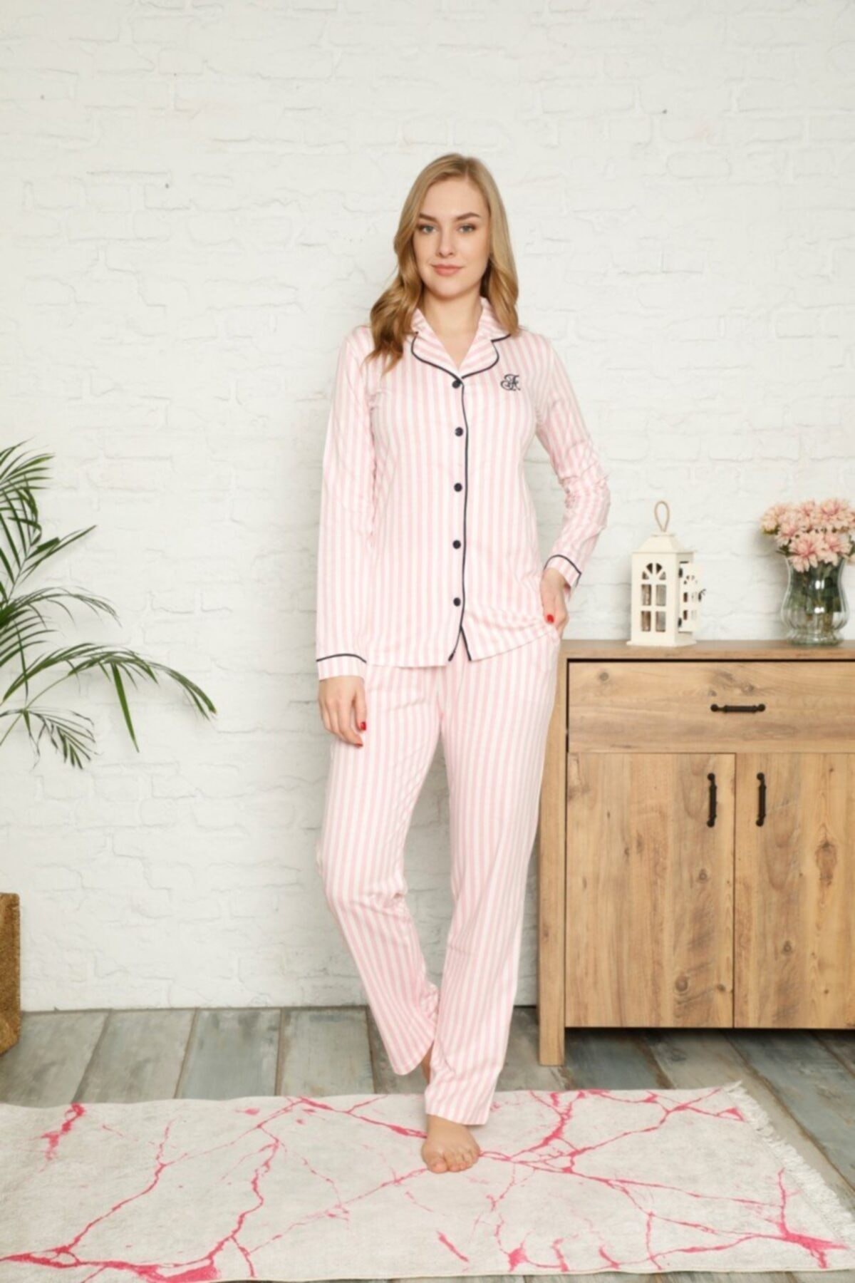 Dreamy Secret Pamuklu Likralı Biyeli Kısa Kollu Gömlek Pijama Takımı Pembe - Pembe Beyaz
