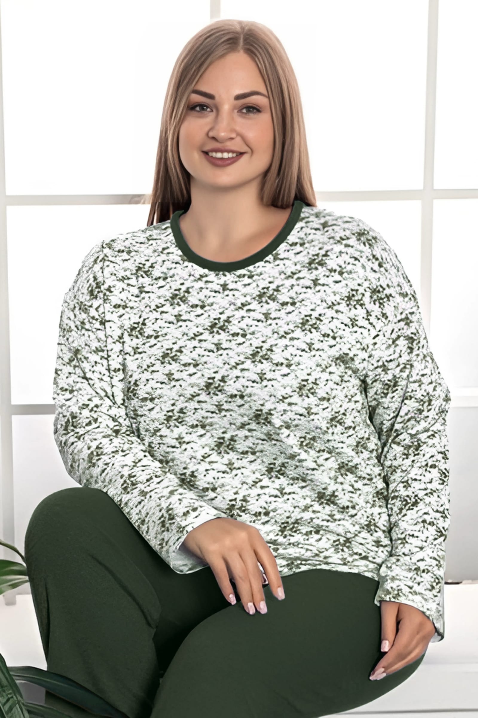 Büyük Beden Pamuklu 2 İplik Şardonlu Kışlık Uzun Kollu Pijama Takımı - Koyu Yeşil
