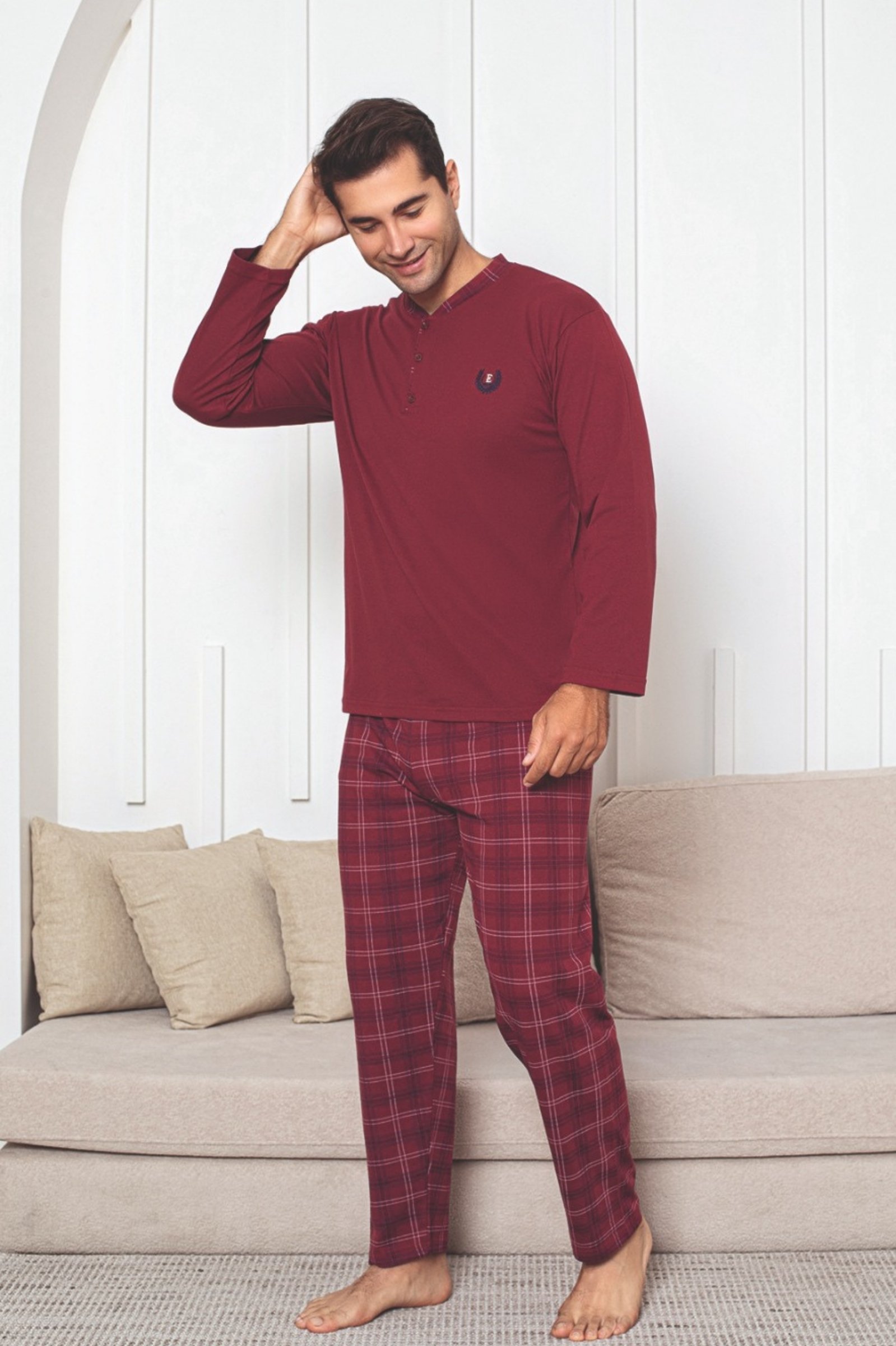 Dreamy Pamuklu Ekose Kareli Uzun Kollu Düğmeli Yaka Erkek Pijama Takımı - Bordo