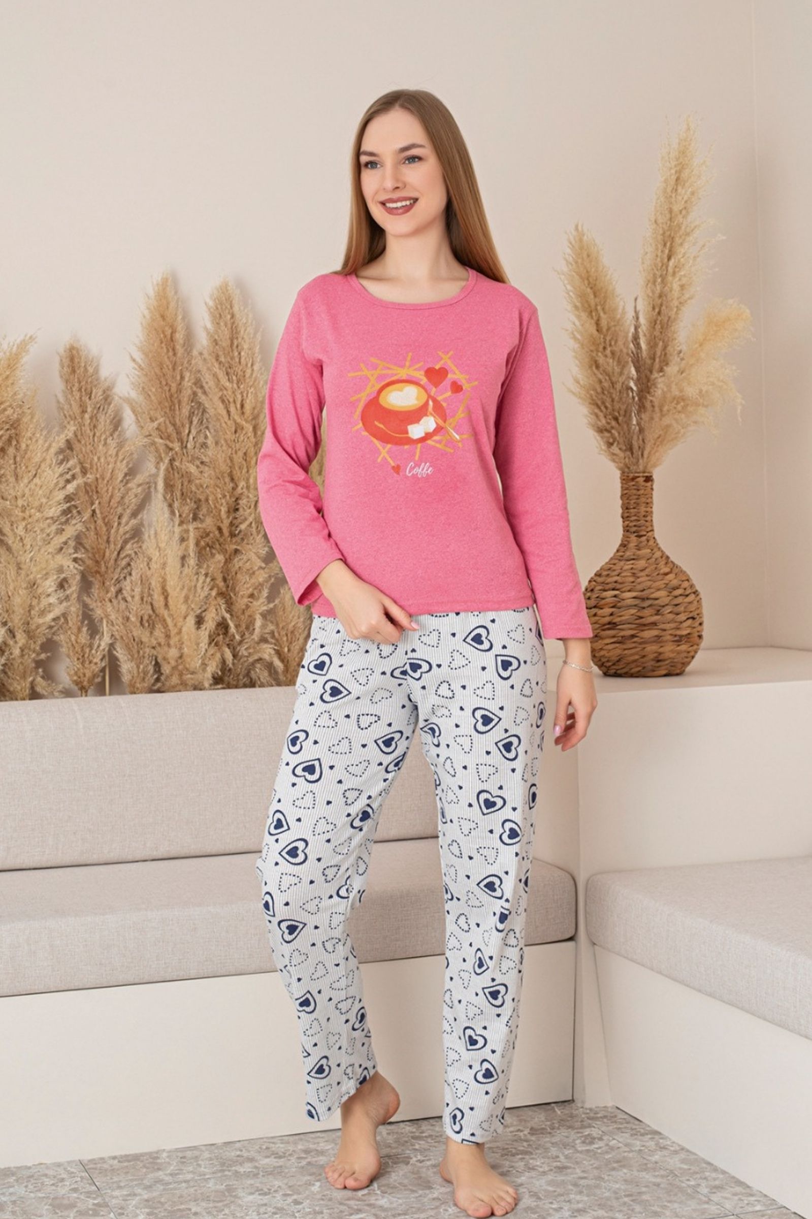 Dreamy Pamuklu Desenli Uzun Kollu Kadın Pijama Takımı - Pembe