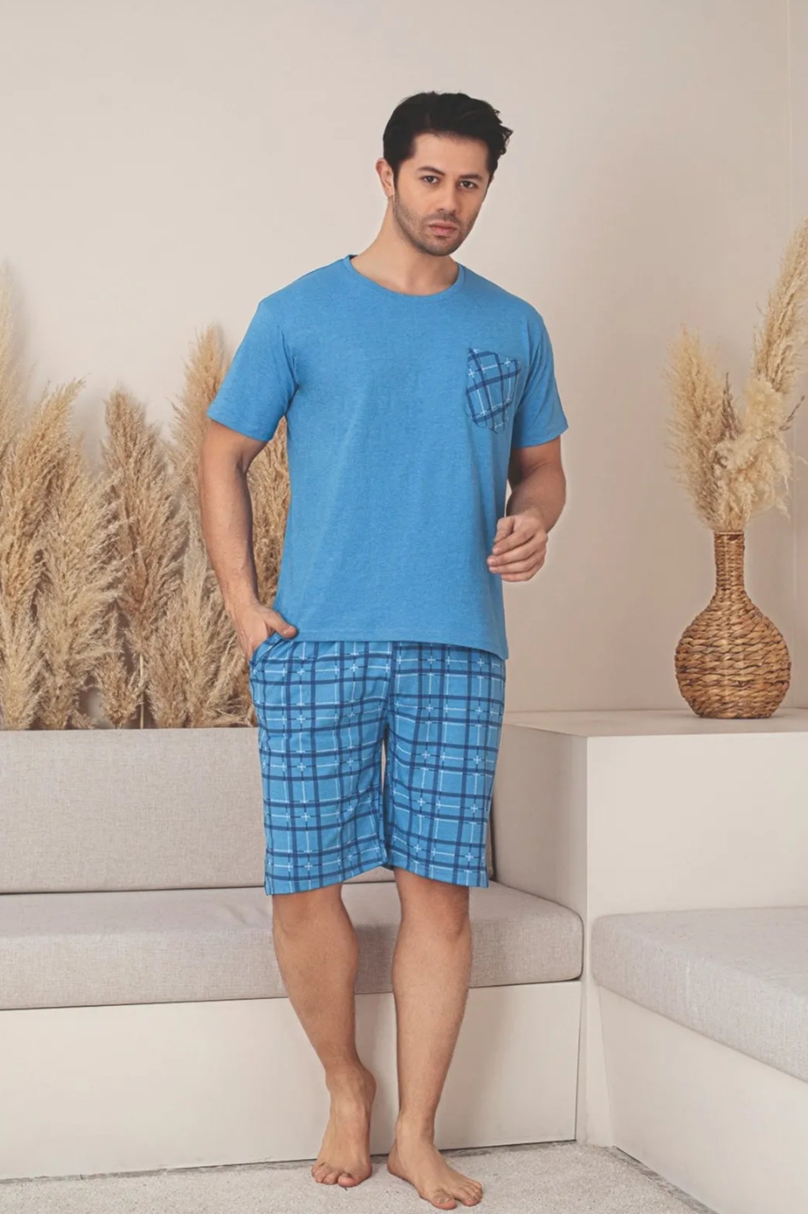 Dreamy Pamuklu Cepli Desenli Kısa Kollu Şortlu Erkek Pijama Takımı - Mavi