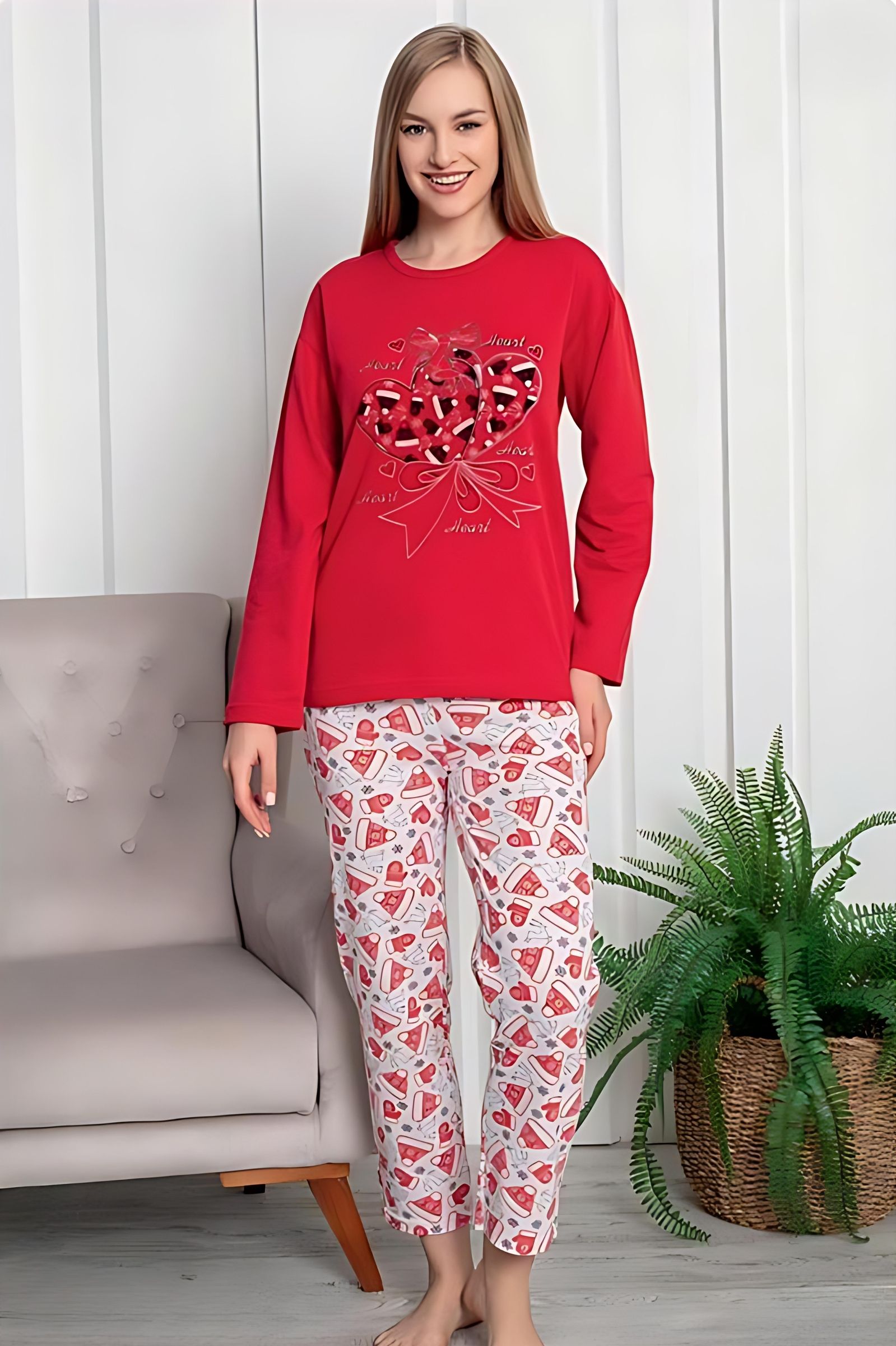 Dreamy Pamuklu Desenli 2 İplik Uzun Kollu Pijama Takımı - Kırmızı - Beyaz