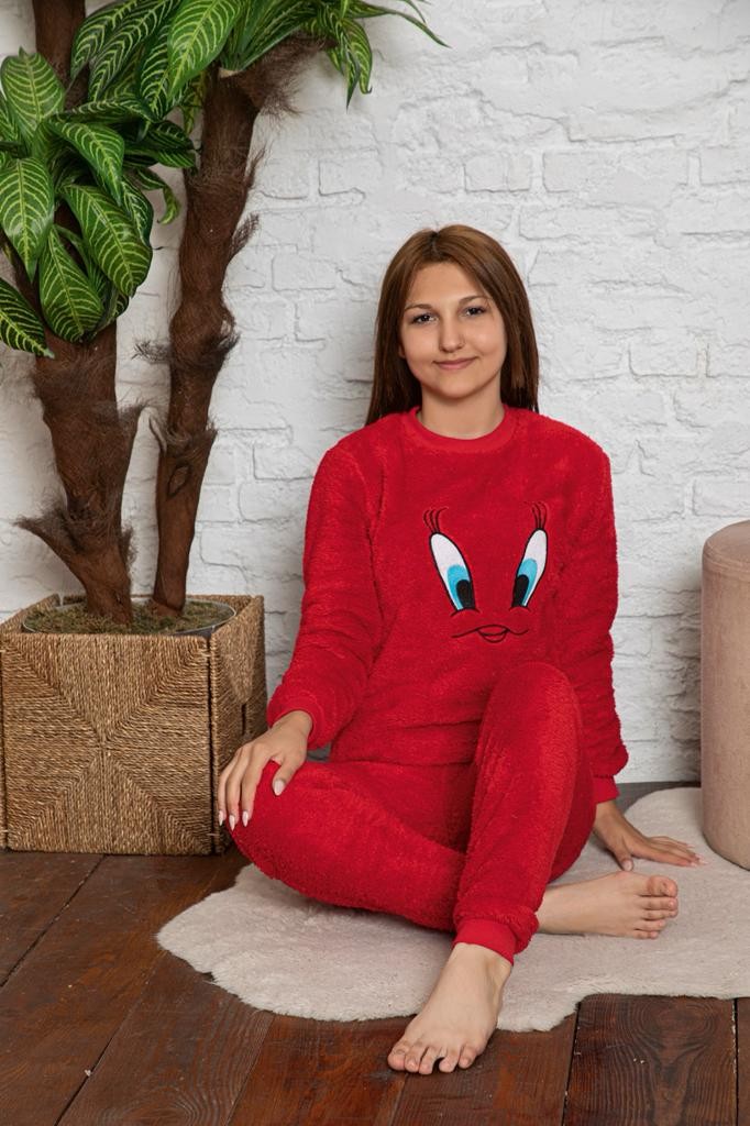 Civciv Desenli Anne Kız Çocuk Kombin Peluş Pijama Takımı (ANNE KIZ AYRI SATILIR.) - Kırmızı