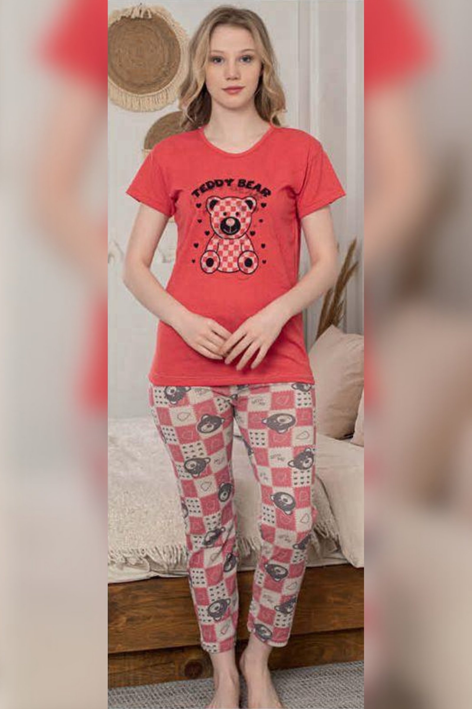 Ecodream Kısa Kollu Desenli Ekonomik Kadın Pijama Takımı