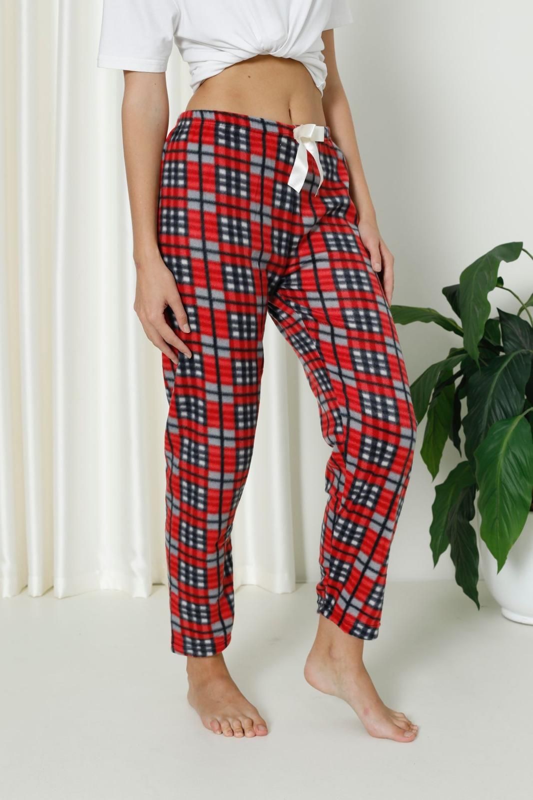 Luxury Soft Welsoft Polar Desenli Kurdeleli Kışlık Pijama Altı Pantolon - Ekose