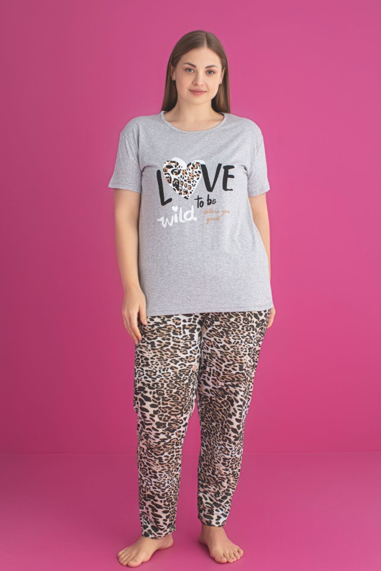 X-Dreamy Büyük Beden Pamuklu Leopar Desenli Kısa Kollu Pijama Takımı - Leopar