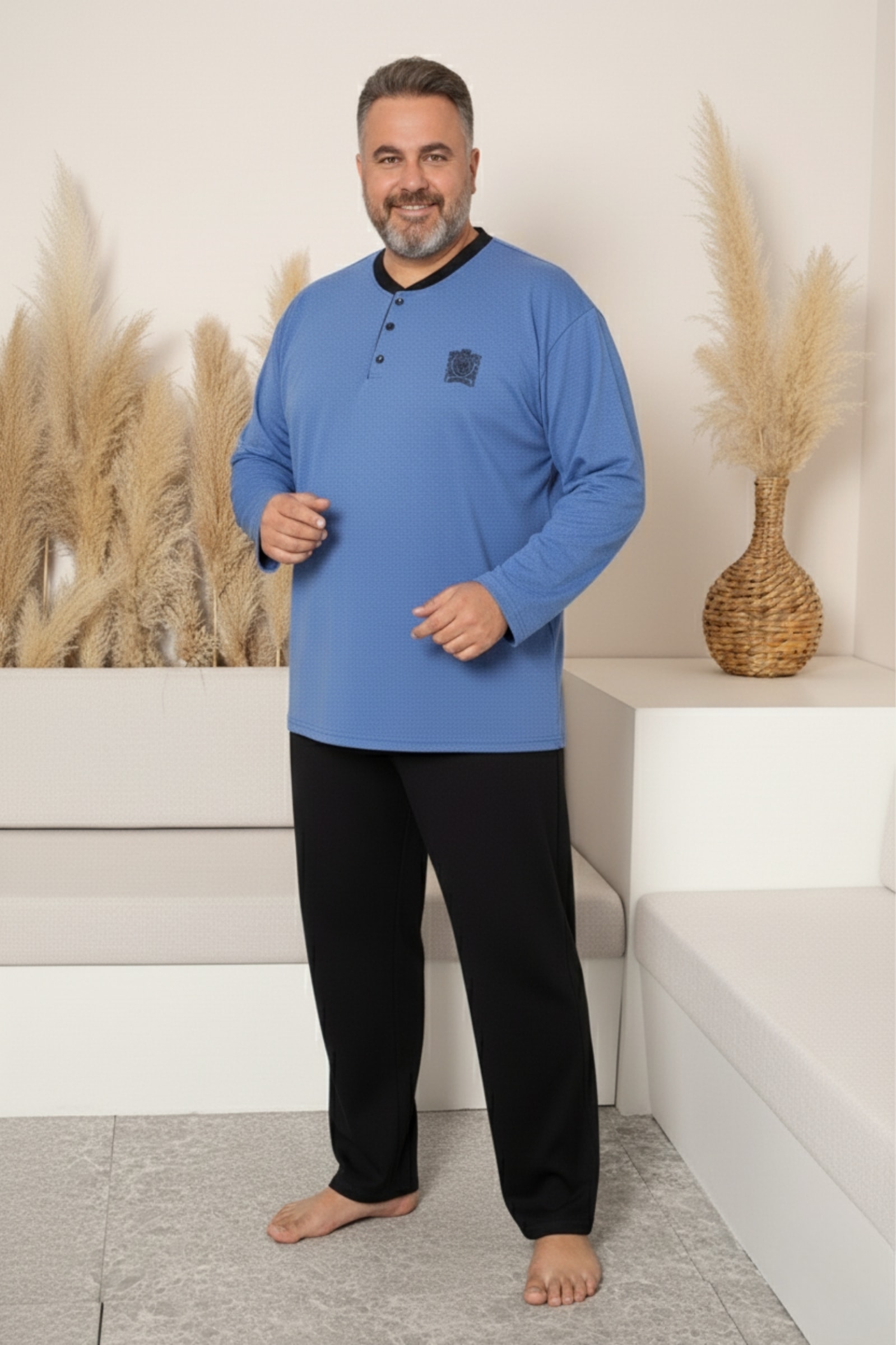 Büyük Beden Pamuklu Uzun Kollu Düğmeli Yaka Erkek Pijama Takımı