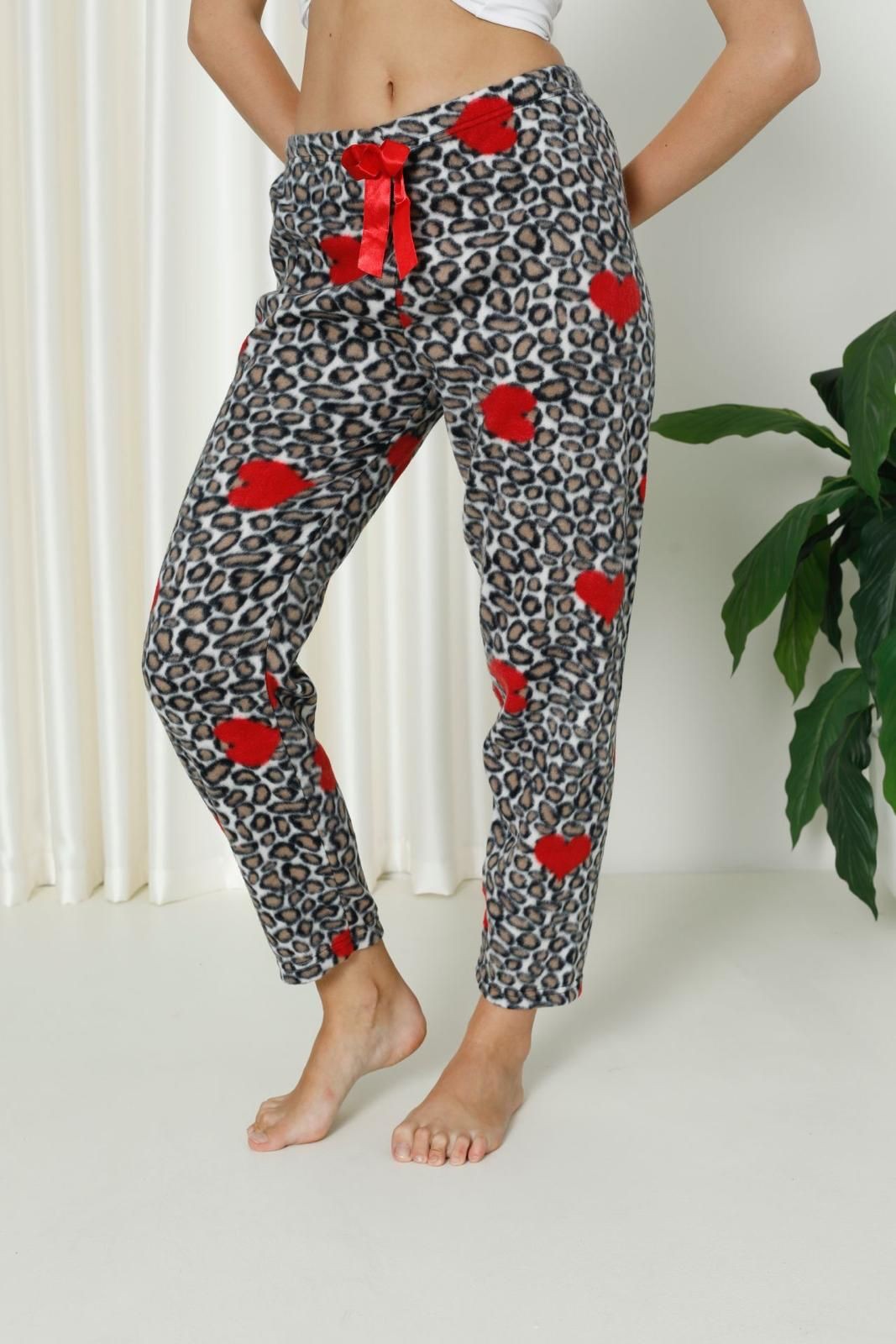 Luxury Soft Welsoft Polar Desenli Kurdeleli Kışlık Pijama Altı Pantolon - Leopar