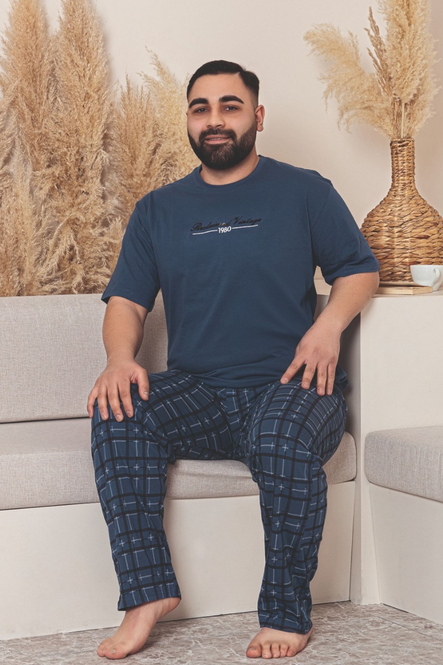Büyük Beden Pamuklu Cepli Kısa Kollu Erkek Pijama Takımı - Lacivert