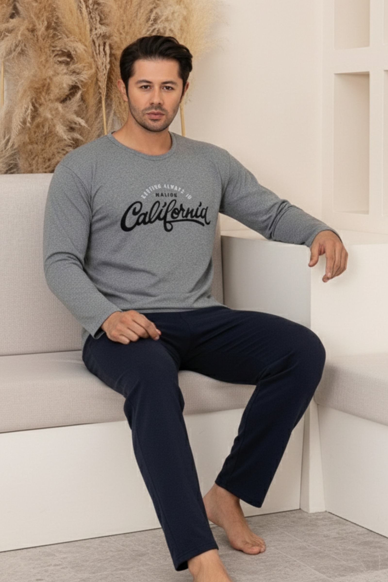 Pamuklu Kalın Kışlık 2 iplik Şardonlu Örme Erkek Pijama Takımı - Gri