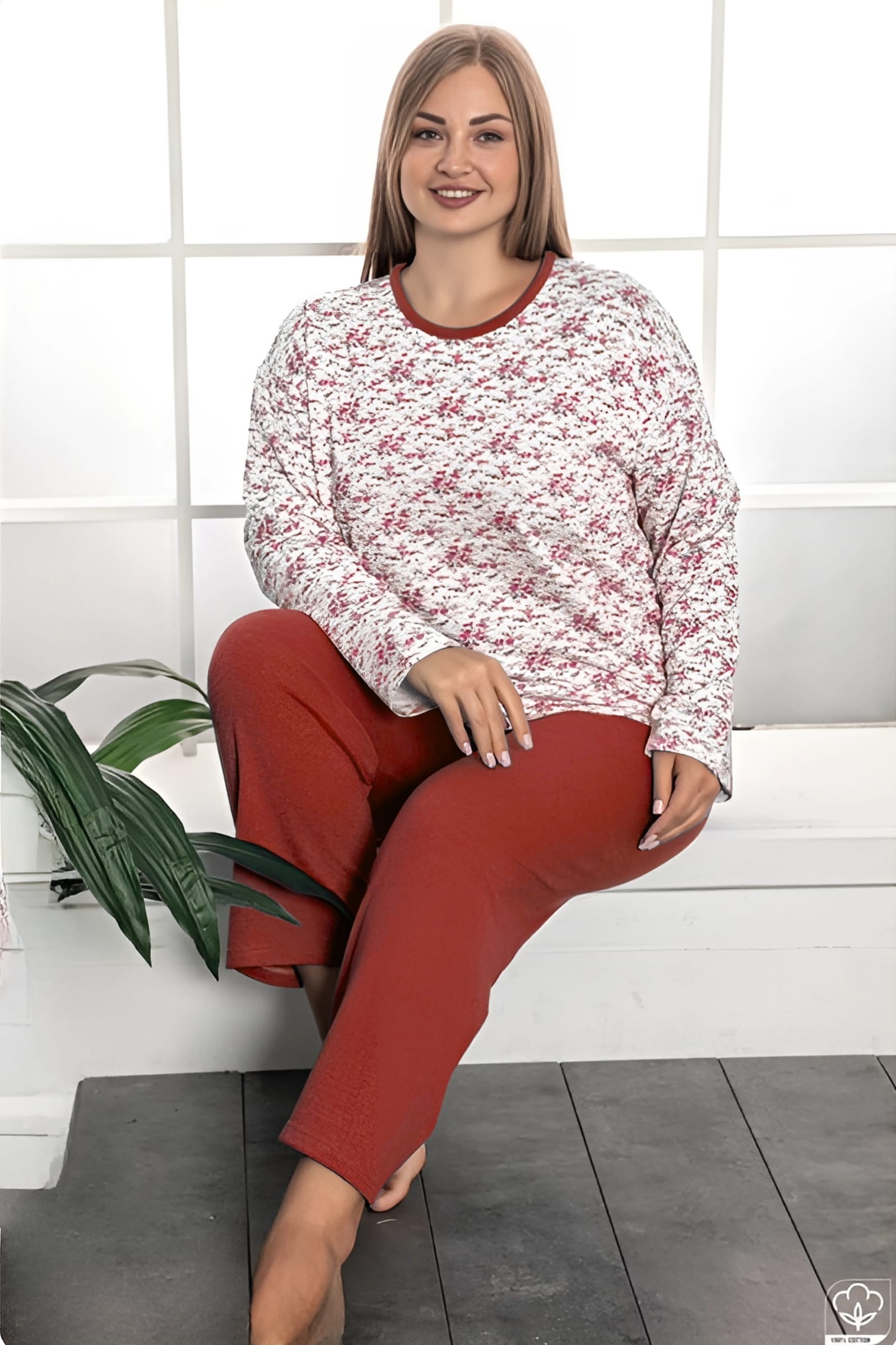 Büyük Beden Pamuklu 2 İplik Şardonlu Kışlık Uzun Kollu Pijama Takımı - Bordo