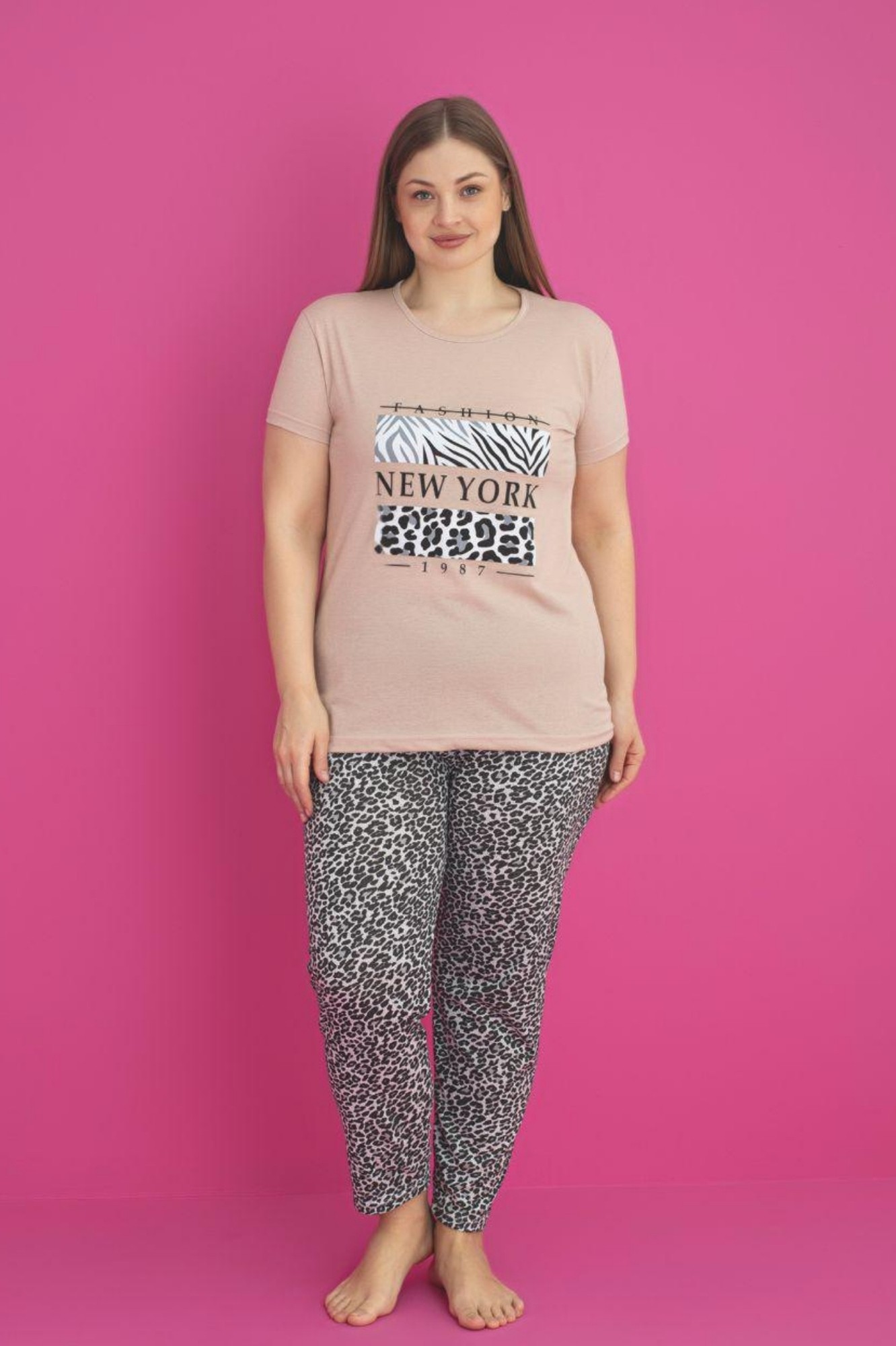 X-Dreamy Büyük Beden Pamuklu Leopar Desenli Kısa Kollu Pijama Takımı - Kahverengi