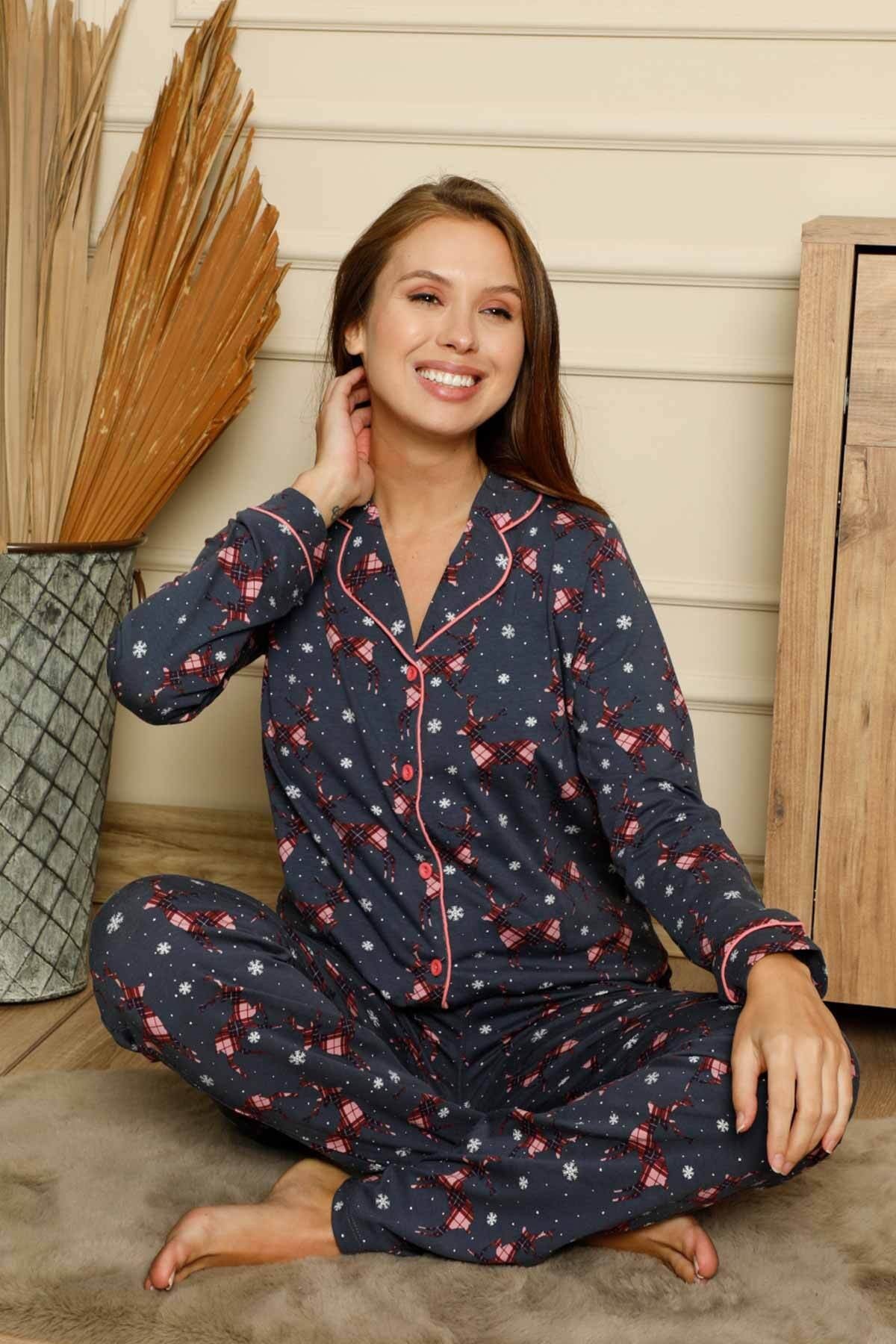 Dreamy Pamuklu Likralı Yılbaşı Geyik Desenli Gömlek Pijama Takımı