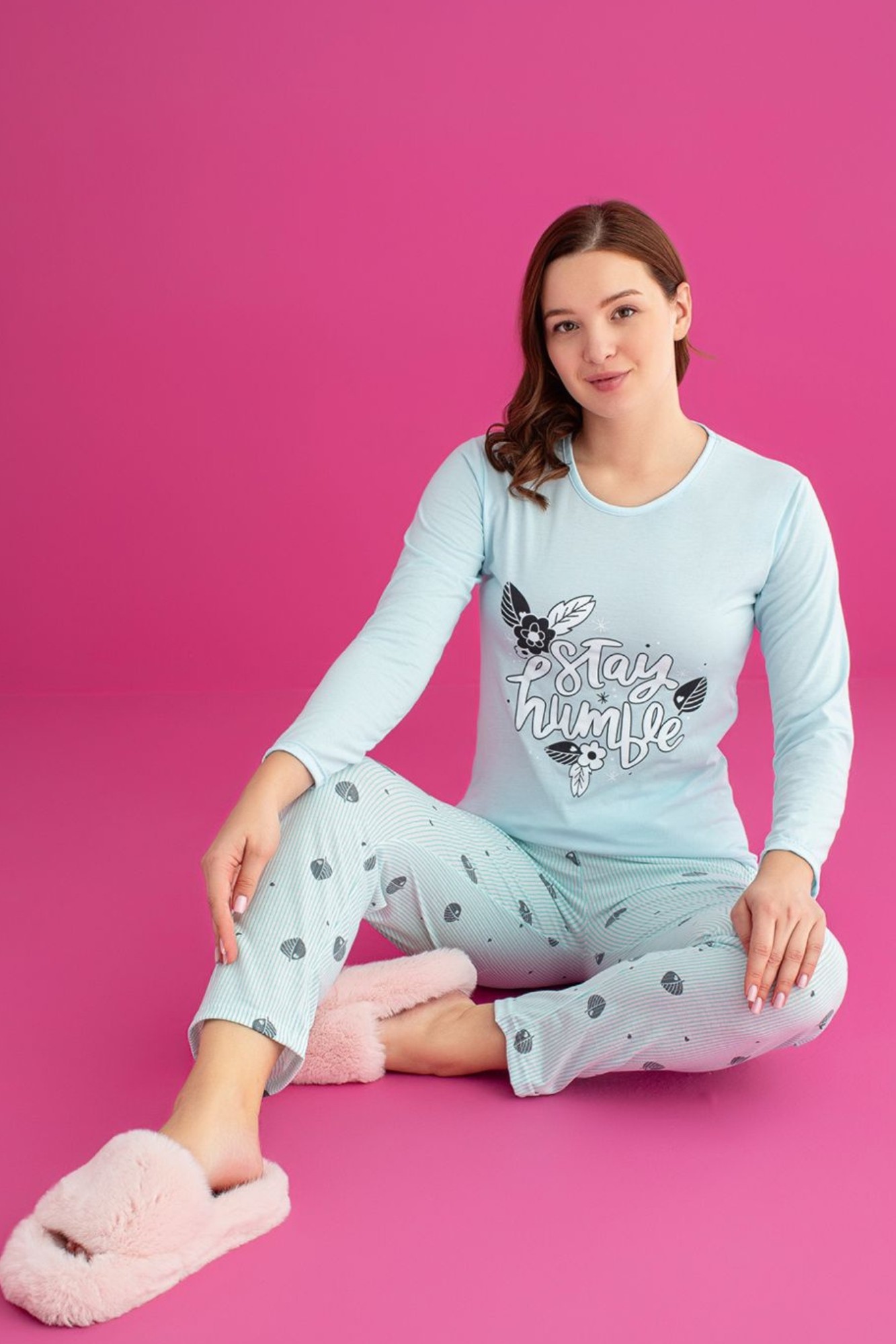 Dreamy Pamuklu Desenli Uzun Kollu Kadın Pijama Takımı - Mint