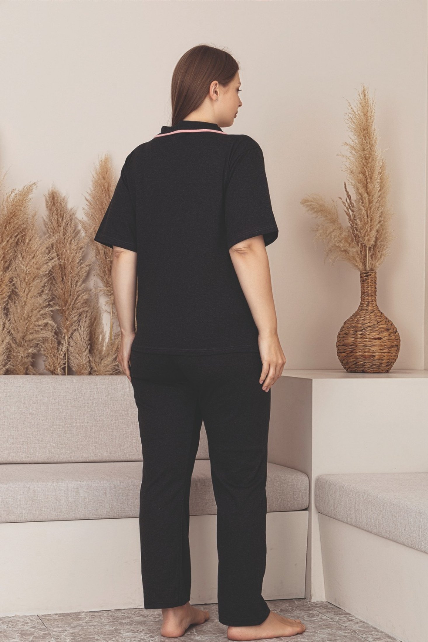 Büyük Beden Pamuklu Biyeli Düğmeli Kısa Kollu Gömlek Pijama Takımı