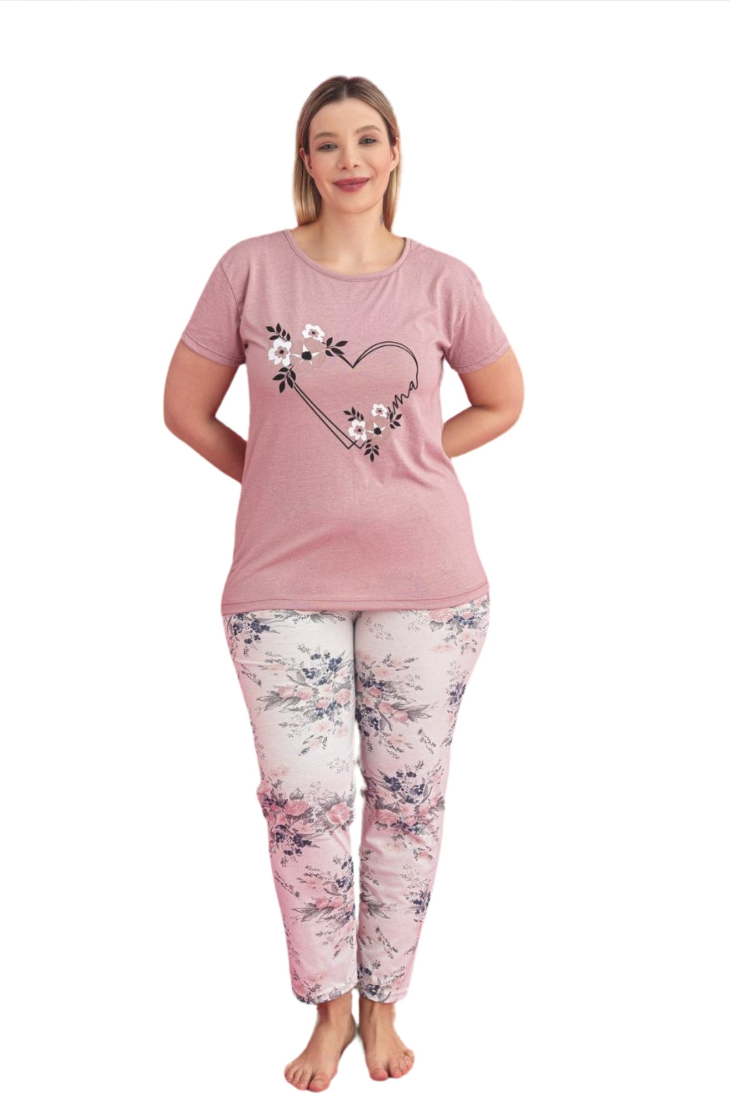 X-Dreamy Büyük Beden Pamuklu Desenli Kısa Kollu Pijama Takımı - Kahverengi