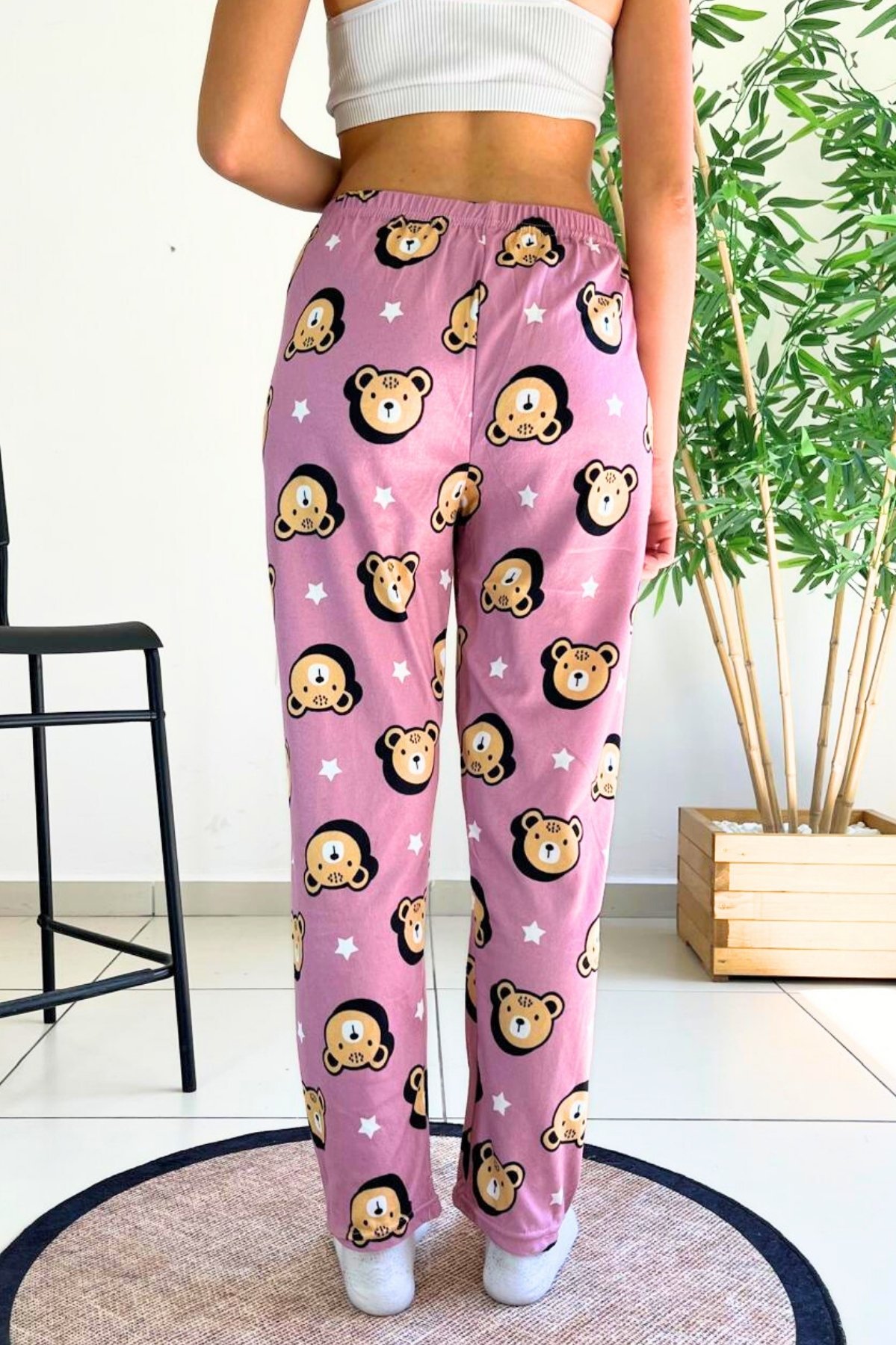 Dreamy Soft Kadife Dokulu Ayıcık Desenli Süet Pijama Altı Pantolon - Lila